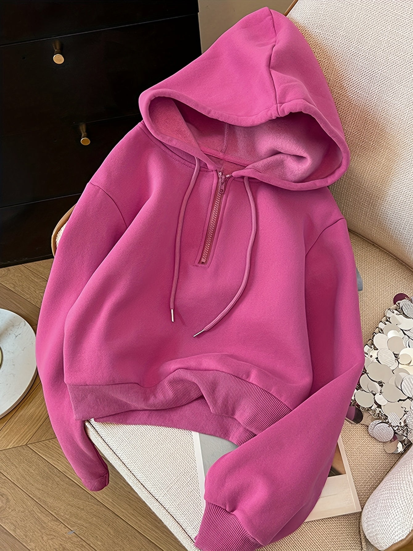 Women's New Autumn\u002FWinter Simple Fashion Solid Color Loose Zip Hooded Sweatshirt