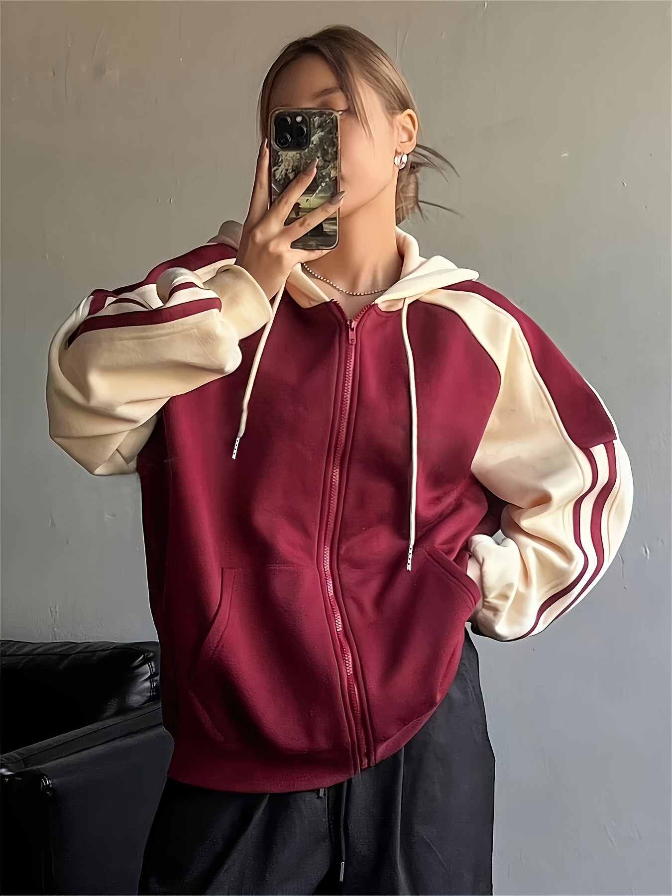 Plus Size, Women's Burgundy & Color-Block Hooded Oversized Sweatshirt Jacket - White Piping Trim