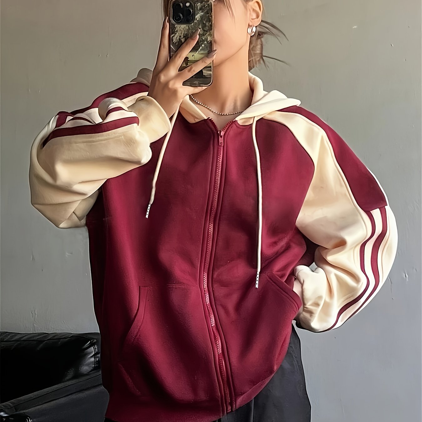 Plus Size, Women's Burgundy & Color-Block Hooded Oversized Sweatshirt Jacket - White Piping Trim