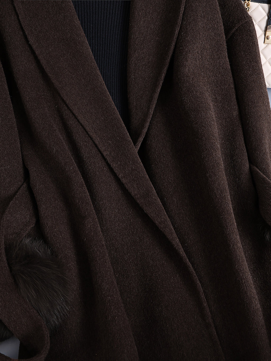 Luxurious Elegant Mocha Dark Brown Wool Blend Long Trench Coat with Large Lapel and Tie