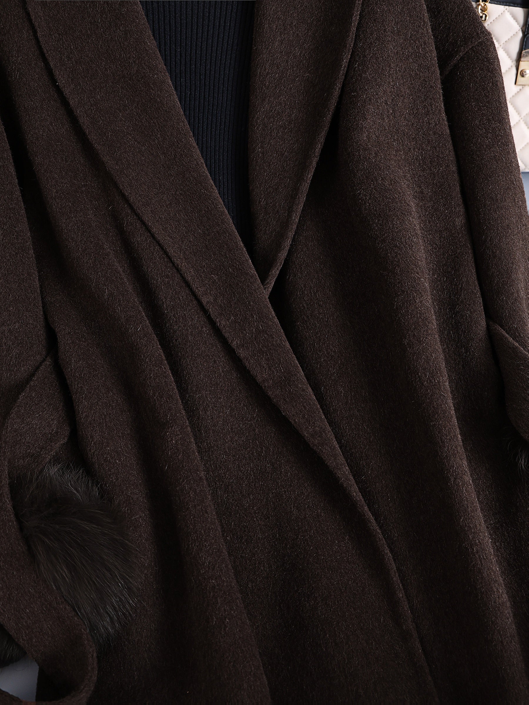 Luxurious Elegant Mocha Dark Brown Wool Blend Long Trench Coat with Large Lapel and Tie