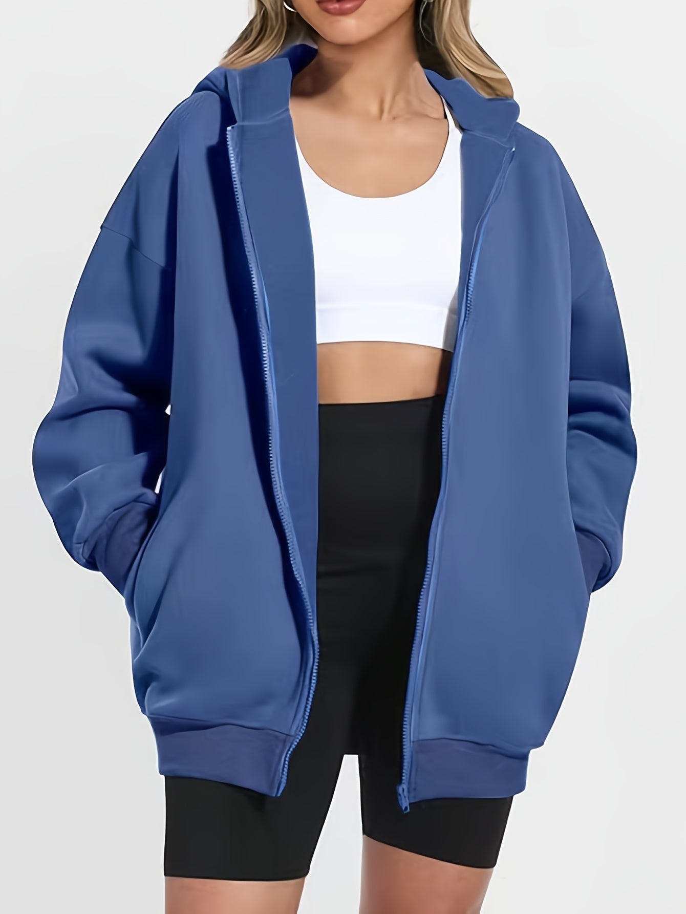 Women'S Plus Size Elegant Solid Color Hooded Sweatshirt - Cozy Zip-Up Pullover with Drawstring Hood