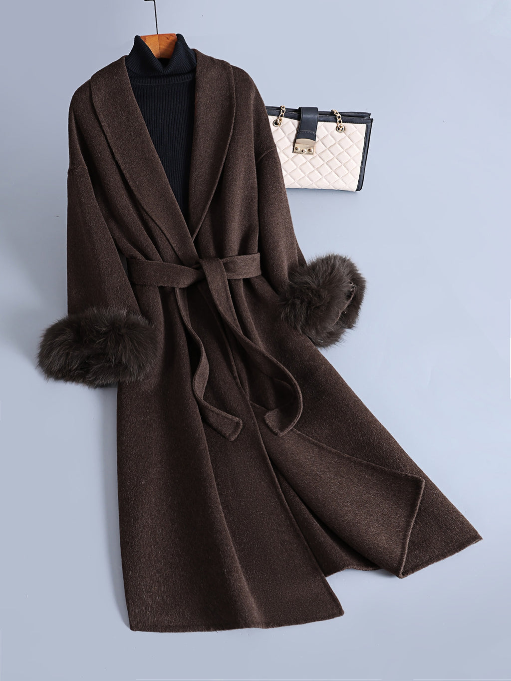 Luxurious Elegant Mocha Dark Brown Wool Blend Long Trench Coat with Large Lapel and Tie