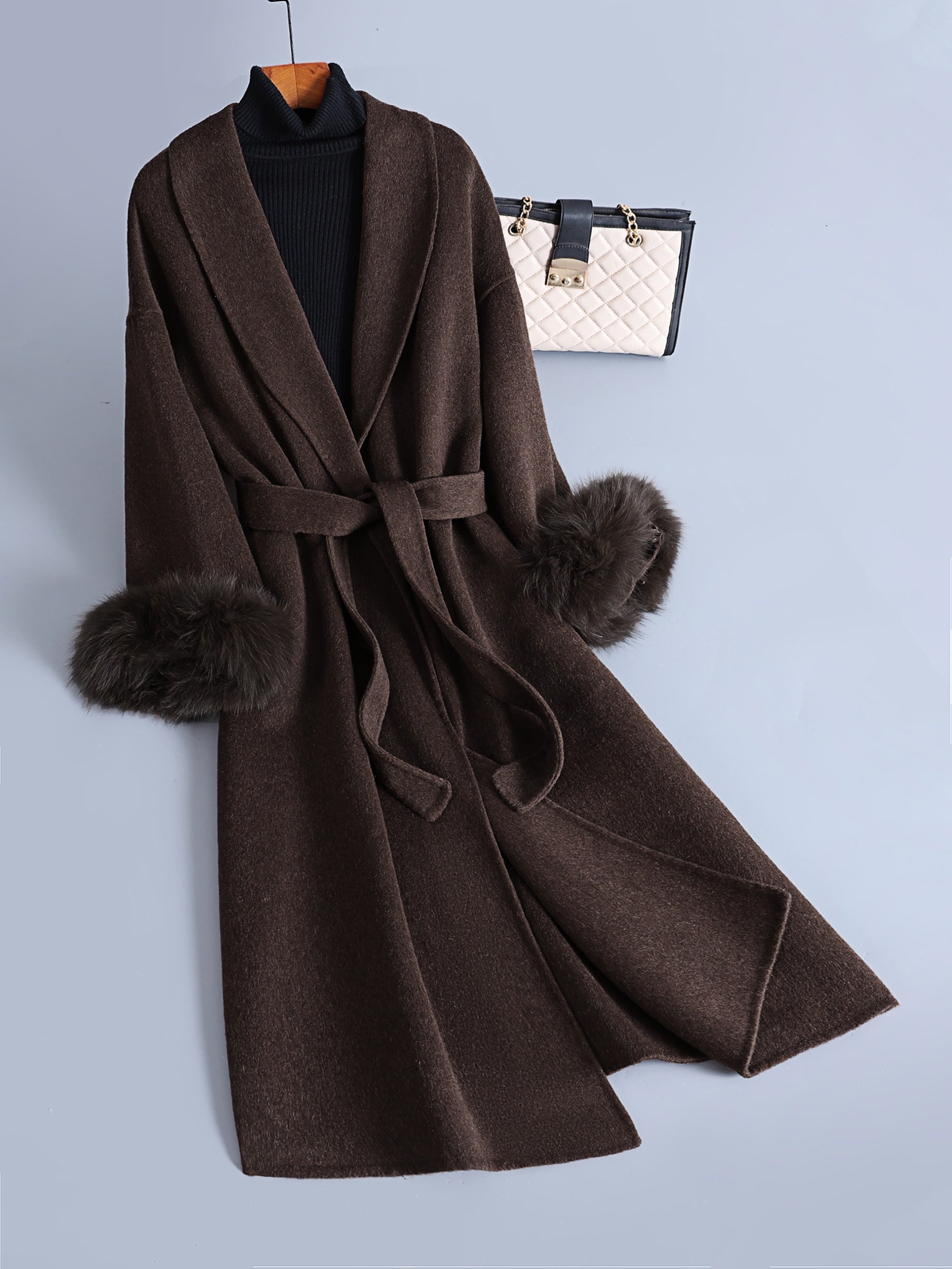 Luxurious Elegant Mocha Dark Brown Wool Blend Long Trench Coat with Large Lapel and Tie