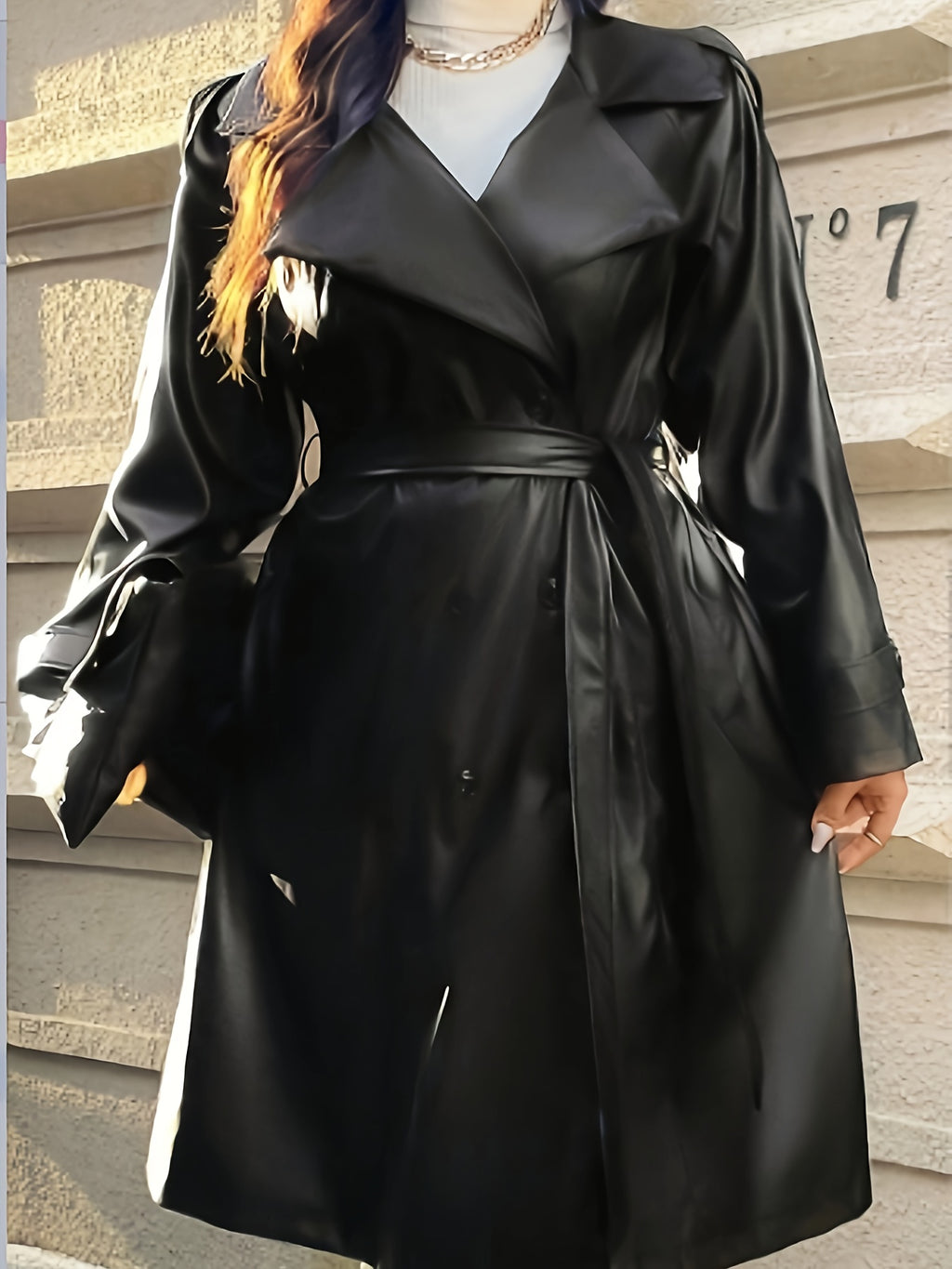 Plus Size - Plus Size Women'S Black Long Trench Coat - Casual Chic Double-Breasted Notch Lapel Winter Coat with Flared Hem