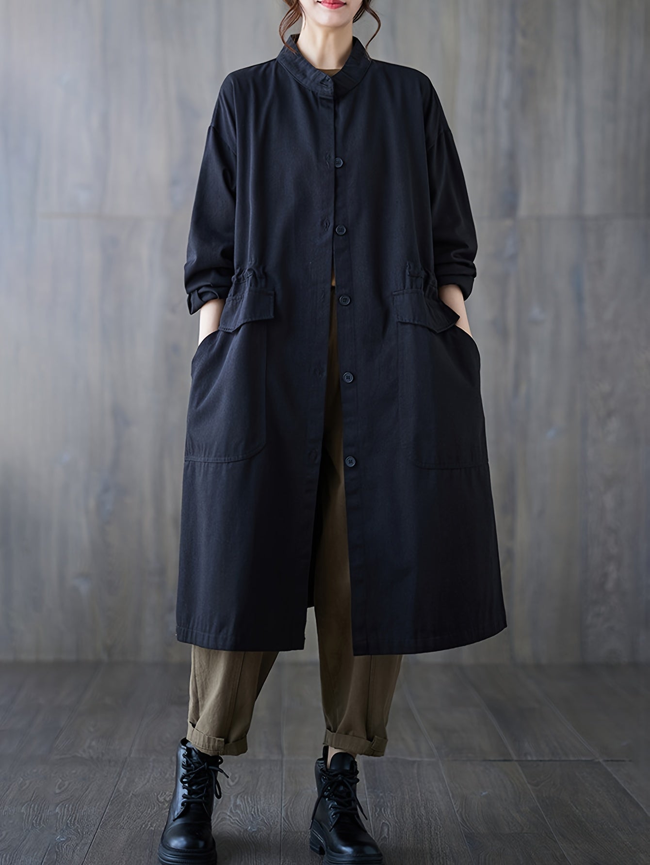 Autumn and Winter New Stand Collar Single-Breasted Cardigan Coat for Women, Mid-Length Long Sleeve Trench Coat