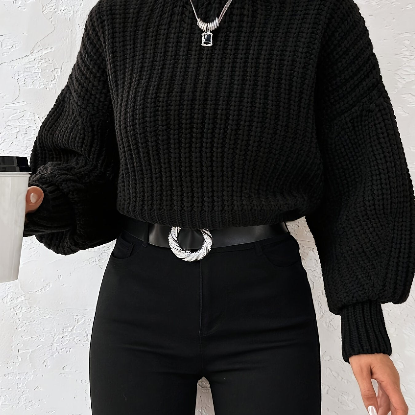 Plus Size - Elegant Lantern Sleeve Crew Neck Solid Color Slim Fit Short Pullover Sweater