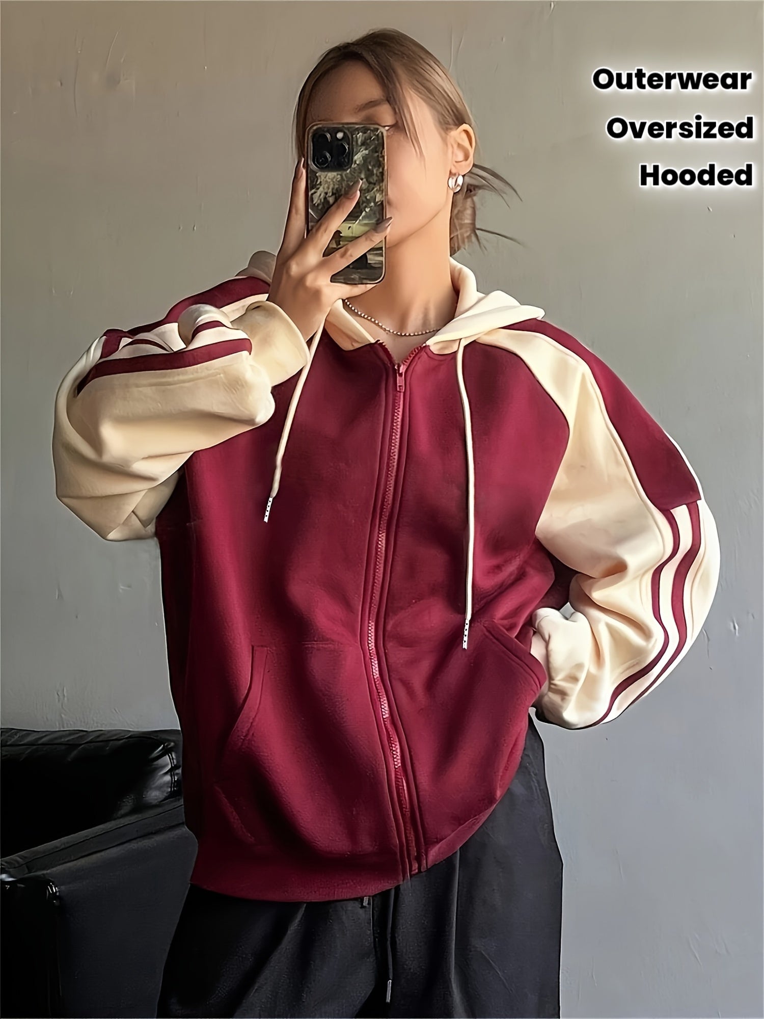 Plus Size, Women's Burgundy & Color-Block Hooded Oversized Sweatshirt Jacket - White Piping Trim