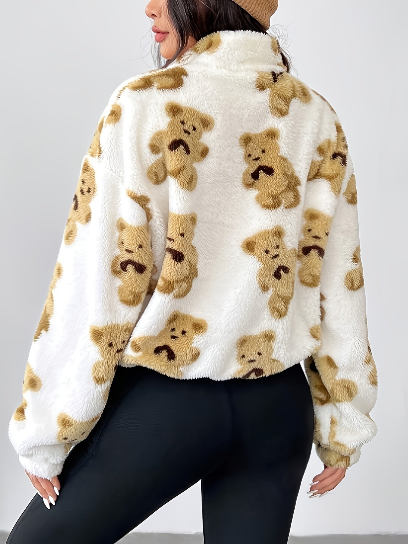 YY0813065+ Women'S New Cartoon Bear Pattern Plush Half-Zip Sweatshirt