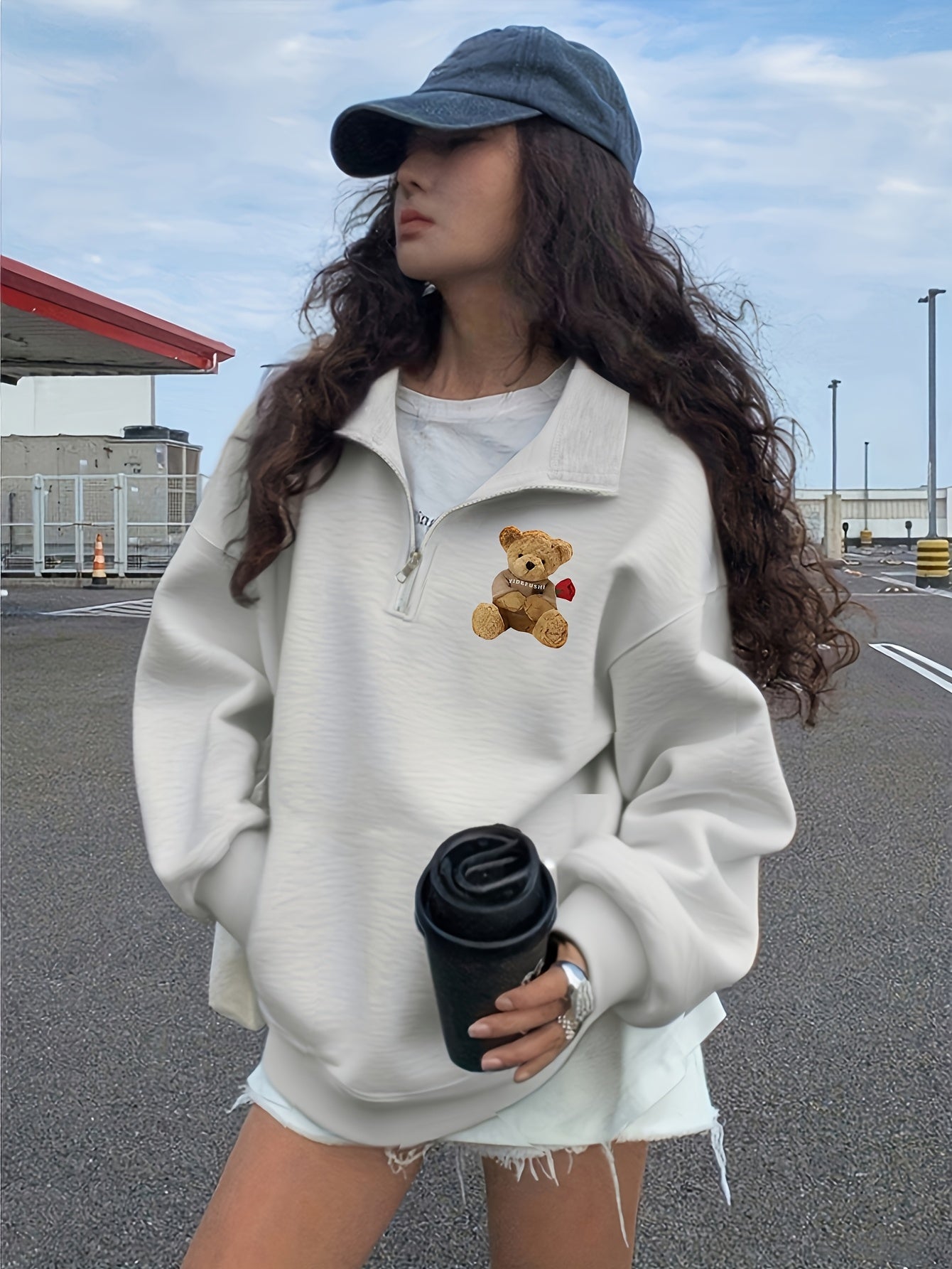 Women's Cute Teddy Bear & Heart Collar Sweatshirt - Cozy Collar Pullover Sweater, Black Casual Winter Sweater Jacket