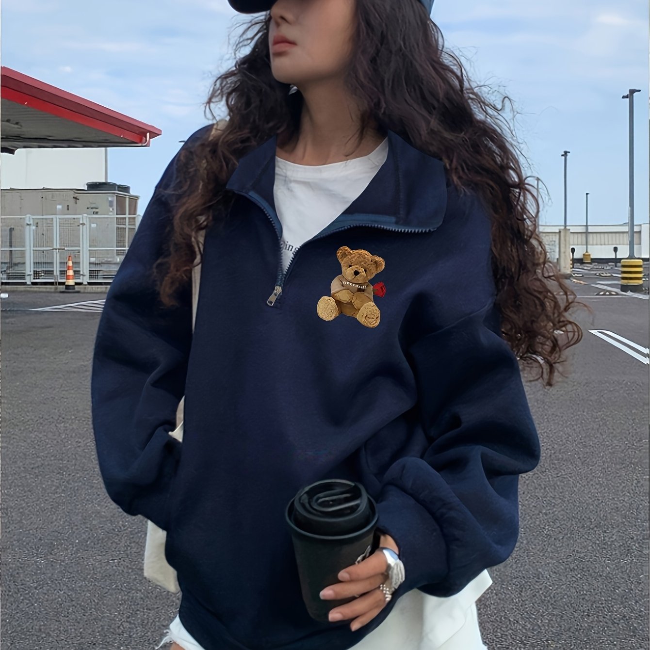 Women's Cute Teddy Bear & Heart Collar Sweatshirt - Cozy Collar Pullover Sweater, Black Casual Winter Sweater Jacket