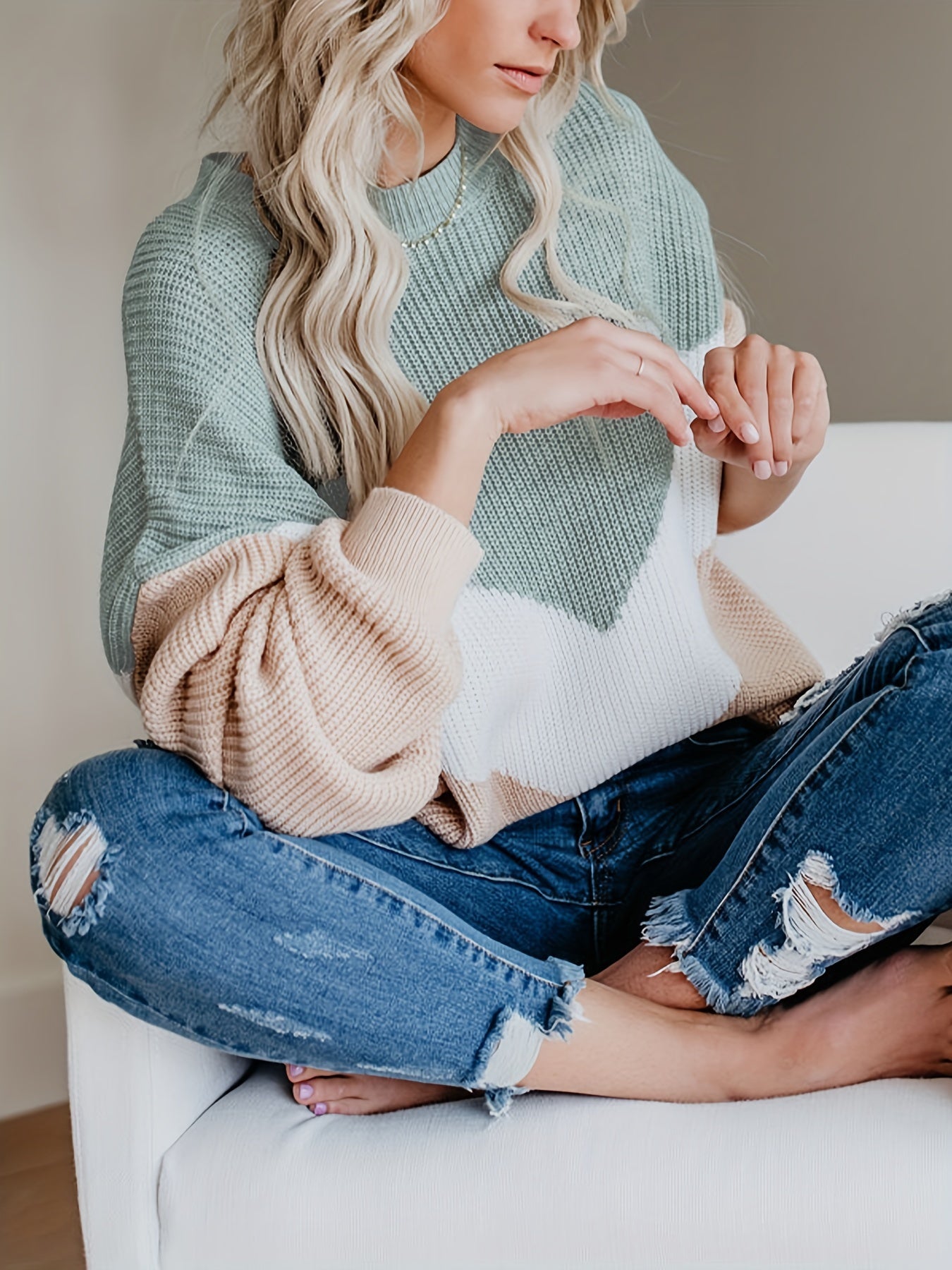 Ultra-Soft Polyester Pullover Sweater for Women - Casual Color Block Design with Teal, White