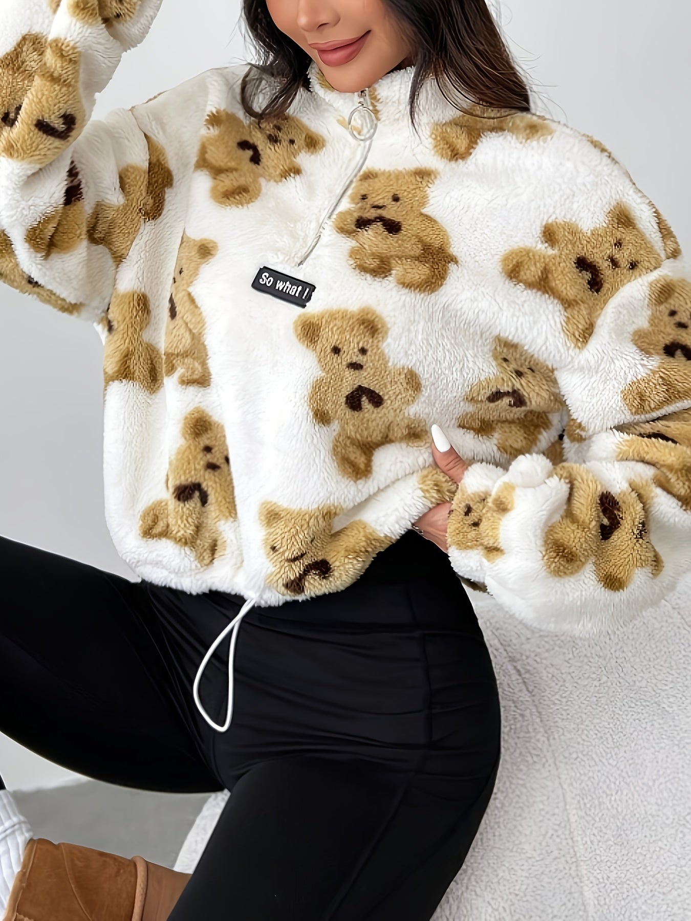 YY0813065+ Women'S New Cartoon Bear Pattern Plush Half-Zip Sweatshirt