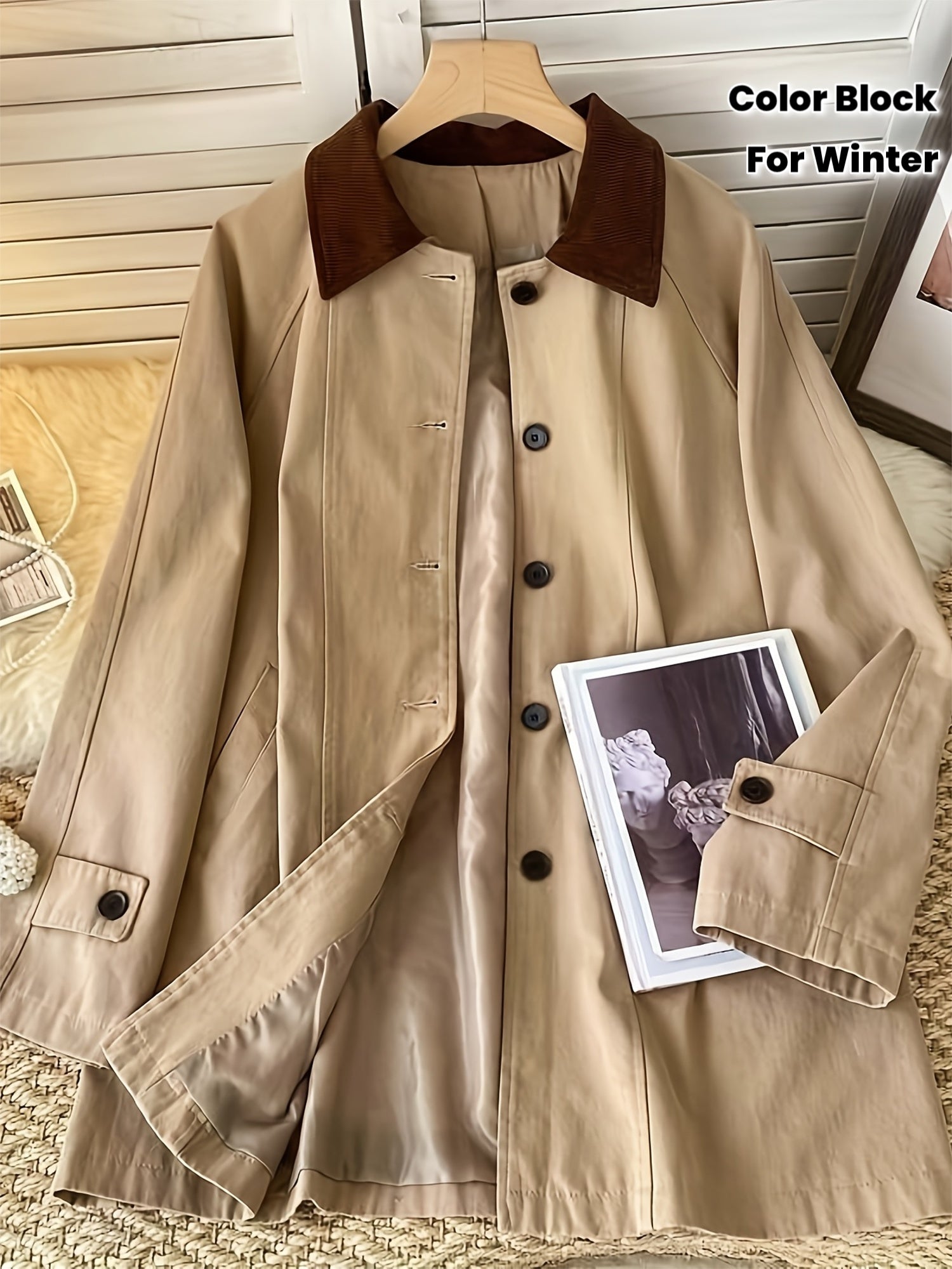 Women'S Chic Color Block Trench Coat - Loose Fit, Long Sleeve, Button-Up with Contrast Brown Collar & Cuffs