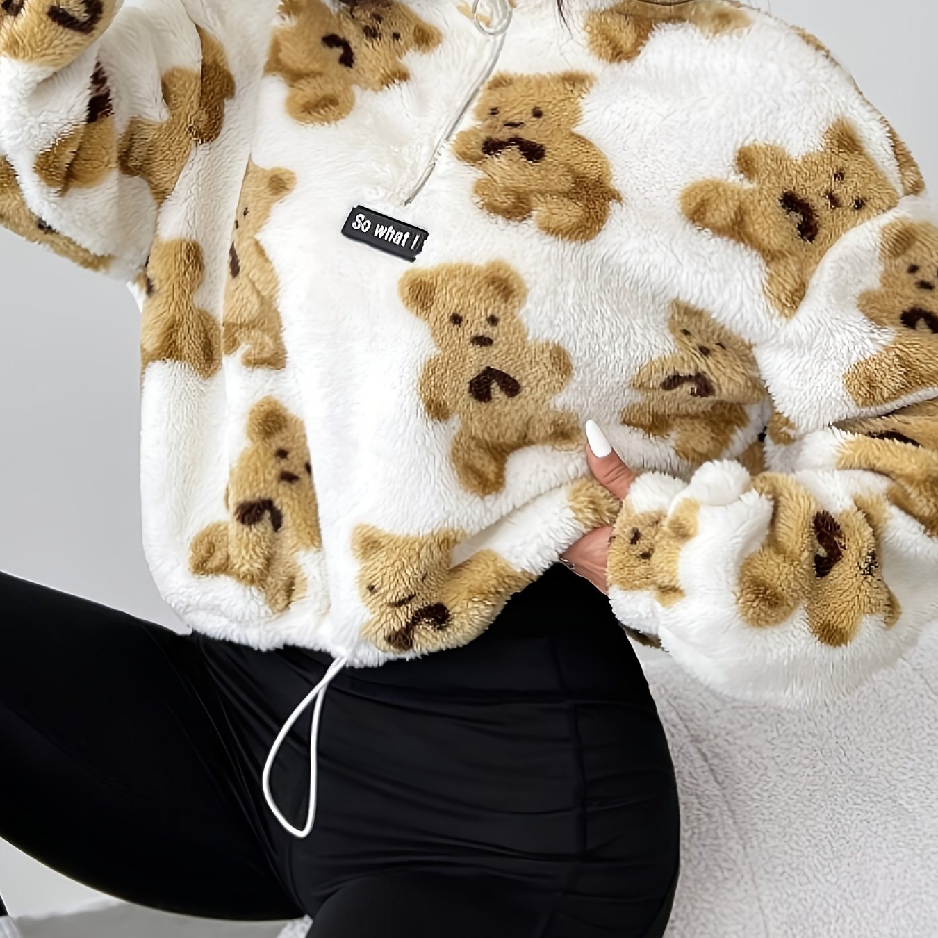 YY0813065+ Women'S New Cartoon Bear Pattern Plush Half-Zip Sweatshirt