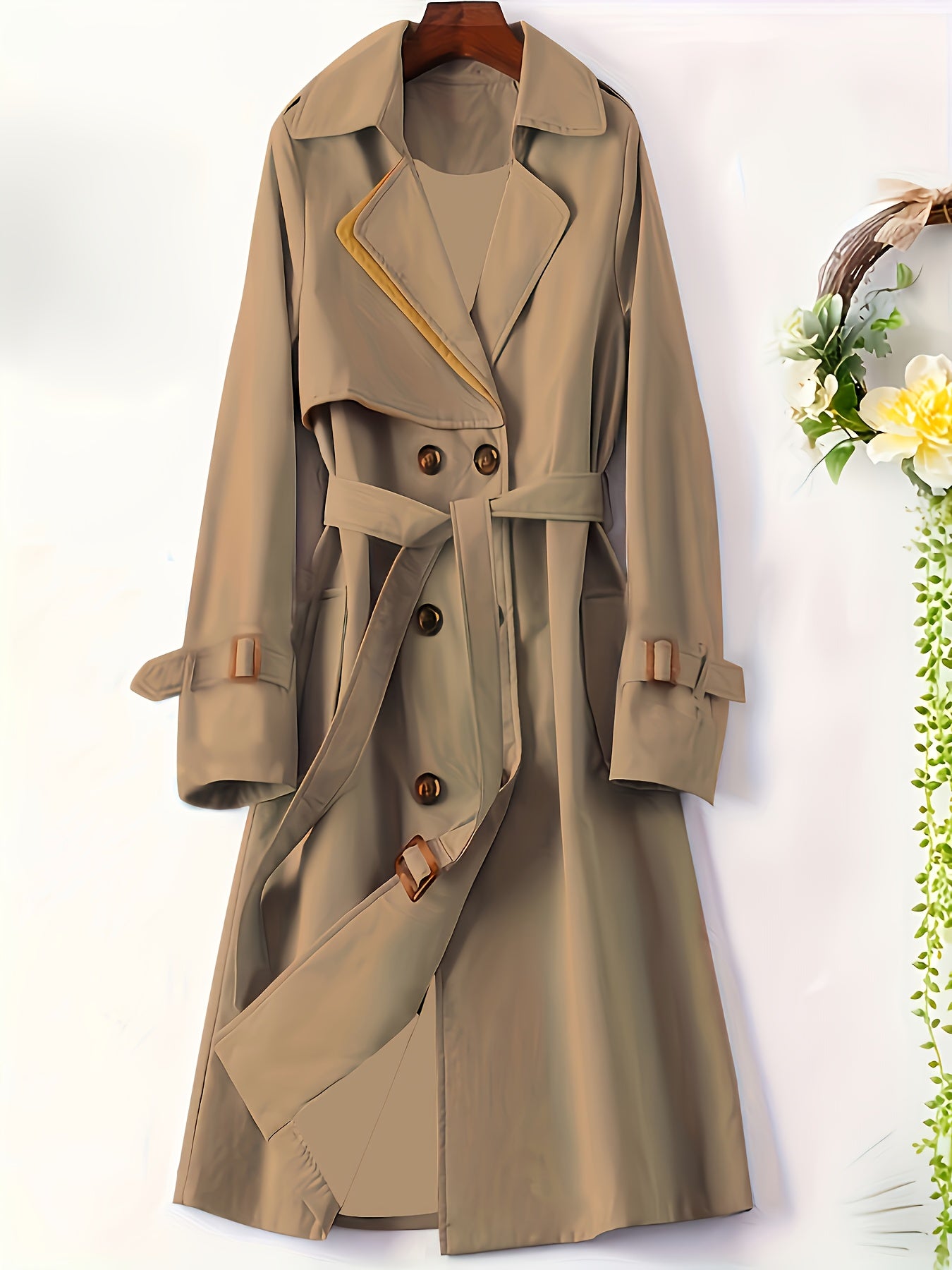 Women'S Chic British-Inspired Long Trench Coat - Slim Fit, Button-Up, Solid Color, Versatile for Spring & Fall