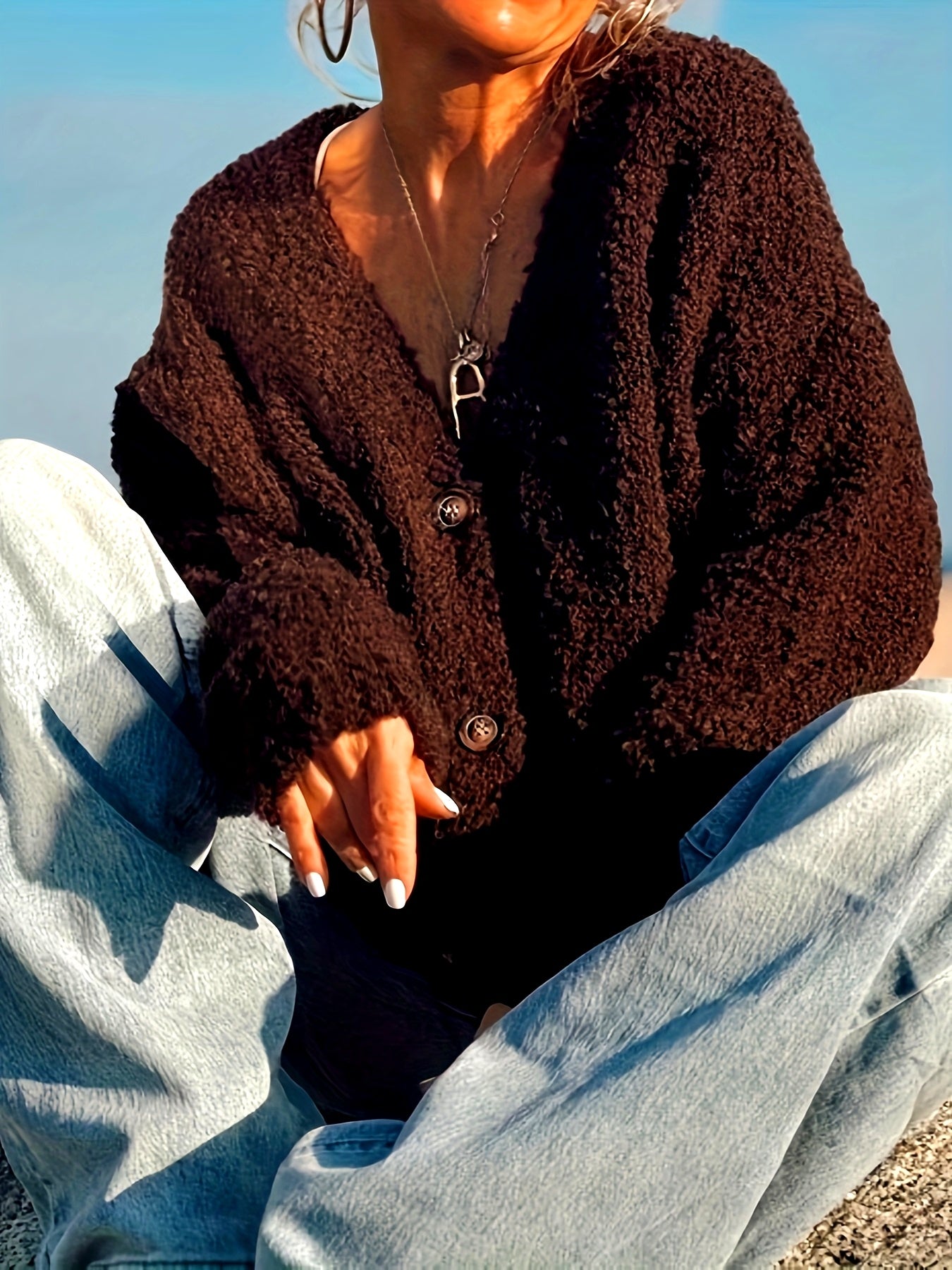 Plus Size - Women'S Plus Size Elegant V-Neck Cardigan - Cozy Fleece-Lined Oversized Sweater with Button Front