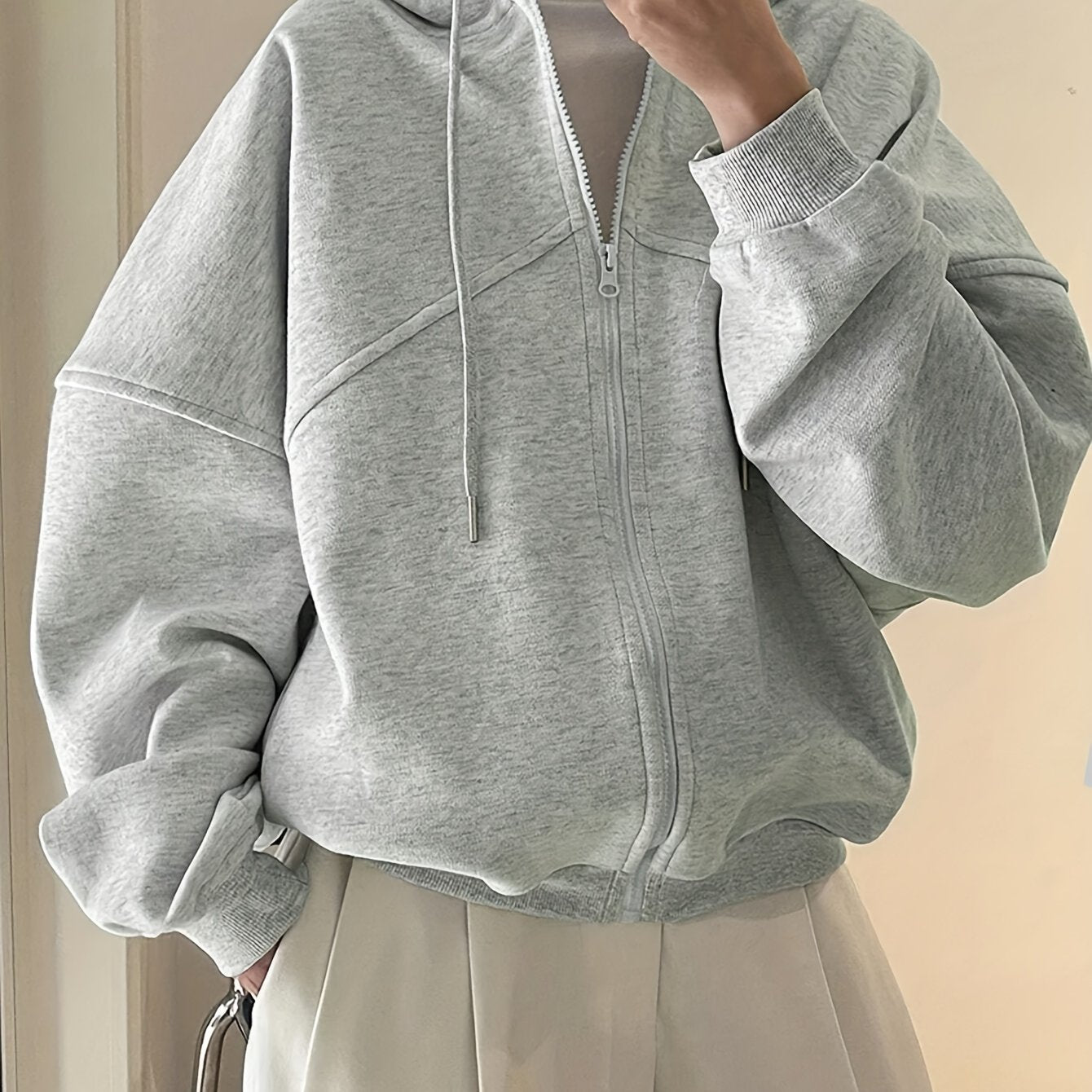 Plus Size, Cross-Border New Solid Color Zipper Hooded Drawstring Plus Size Sweatshirt, Winter Clothing