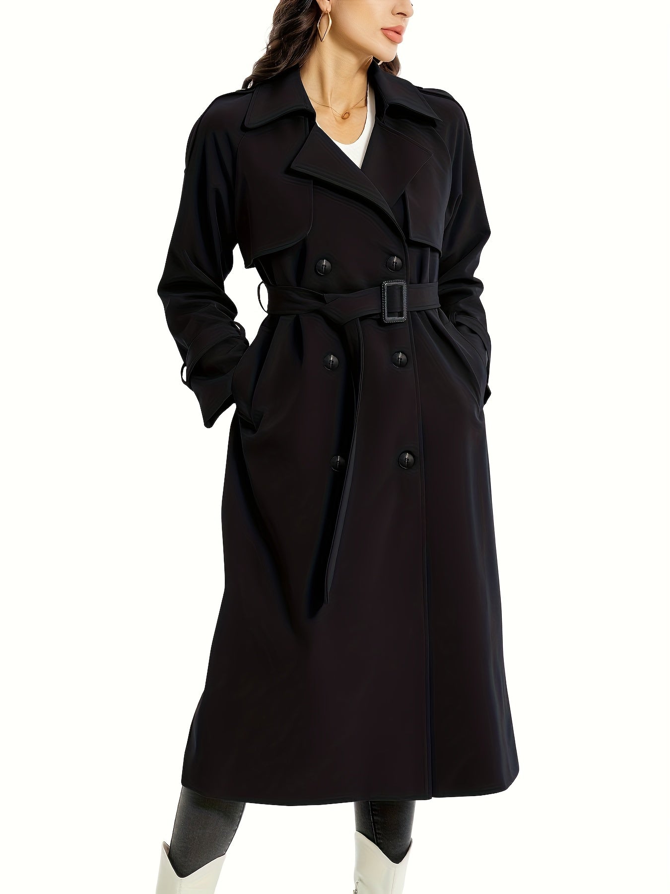 Elegant Trench Coat Elegant Double-Breasted Trench Coat | Women's Mid-Length Belted - Black