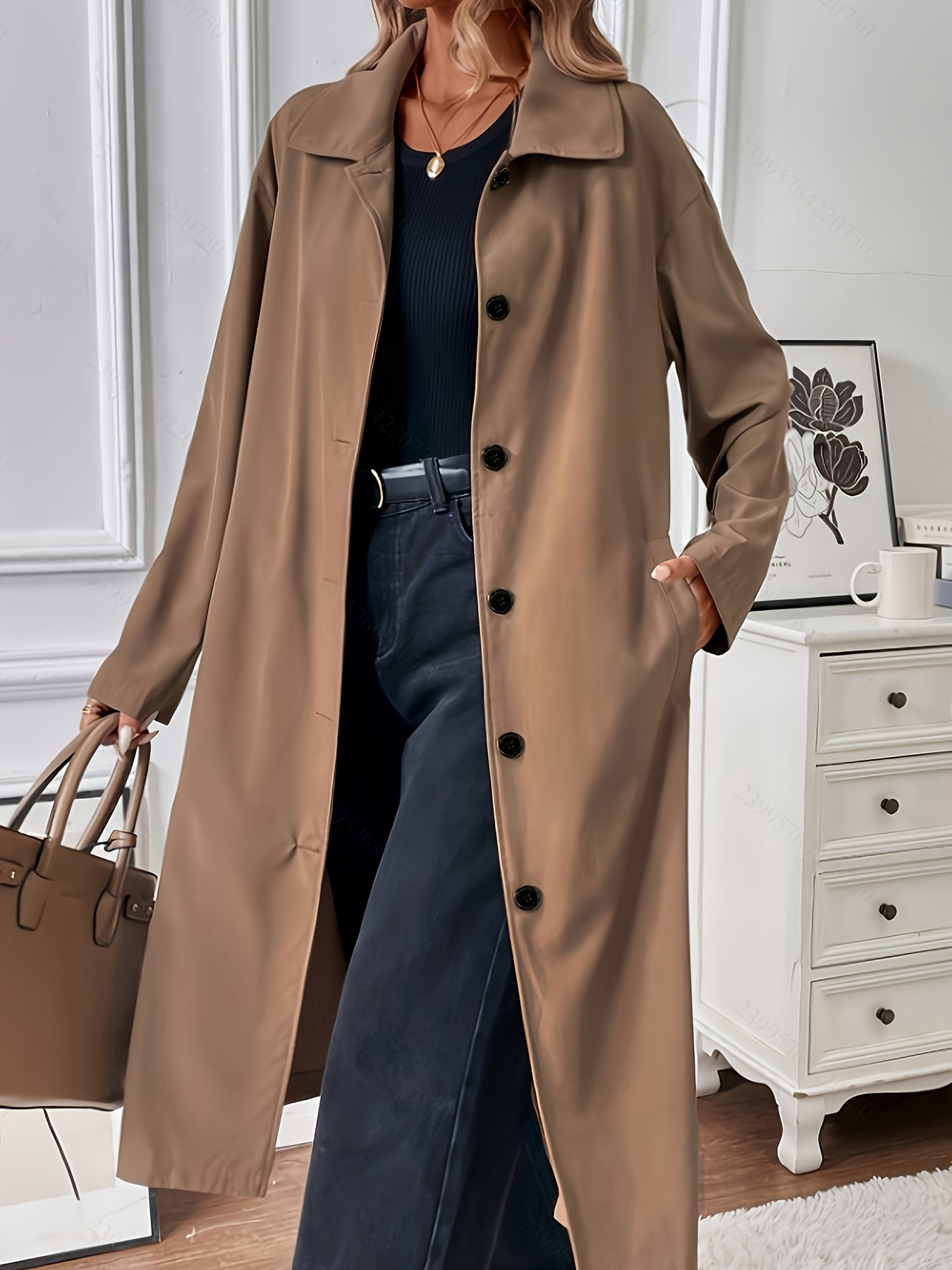 Women's Plus Size Trench Coat, Loose Collar Single-Breasted Long Sleeve Midi, Brown