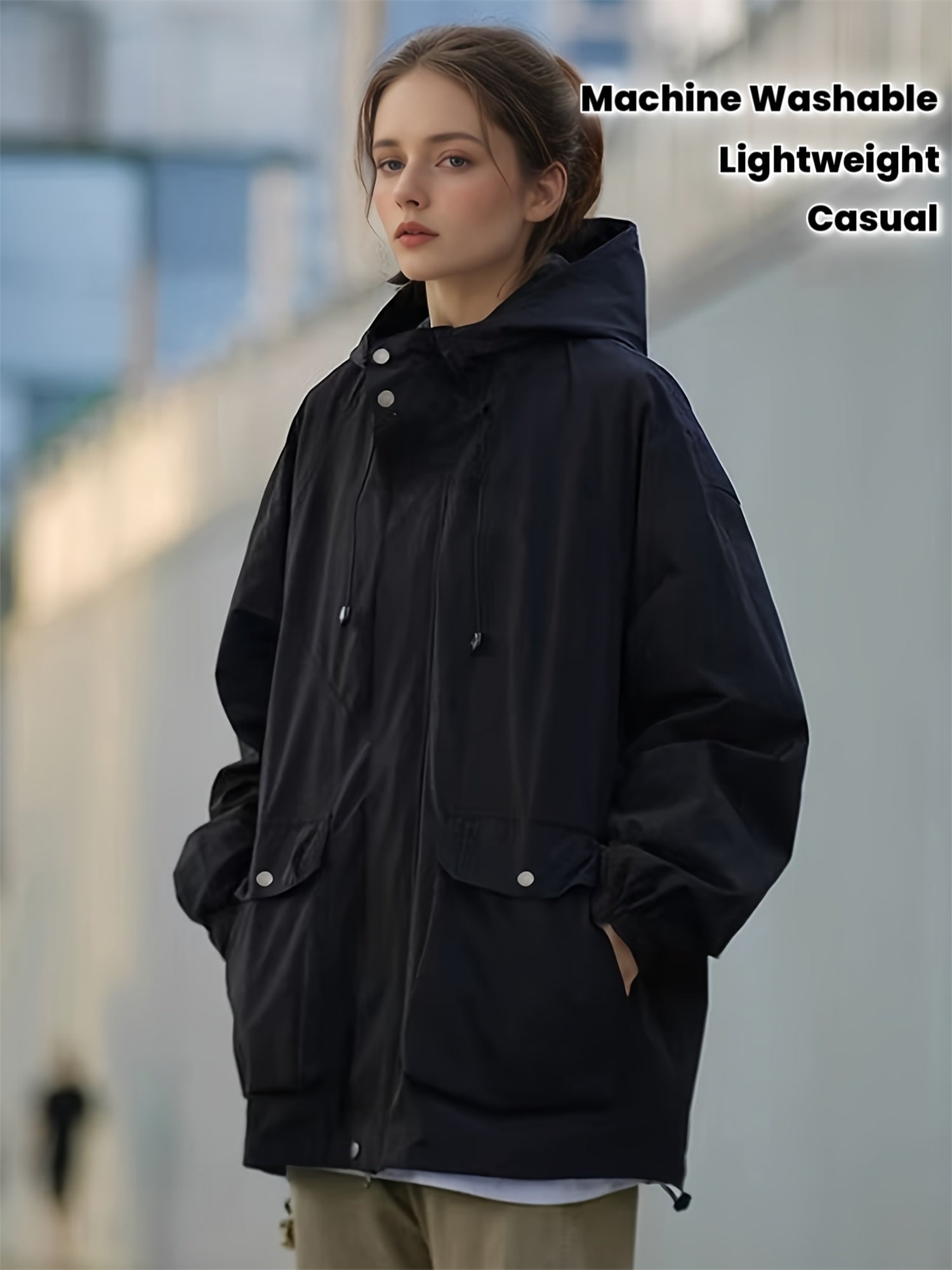 Women's Lightweight Hooded Jacket - Spring\u002FFall Outdoor Windbreaker Coat with Full-Zip & Button Closure