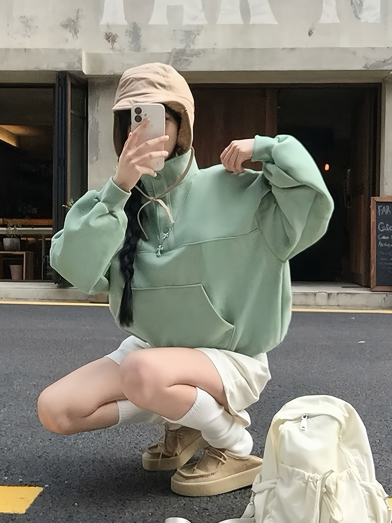 Solid Color Women's Elegant Stand Collar Fleece-Lined Sweatshirt - Long Sleeve Pullover with Pockets