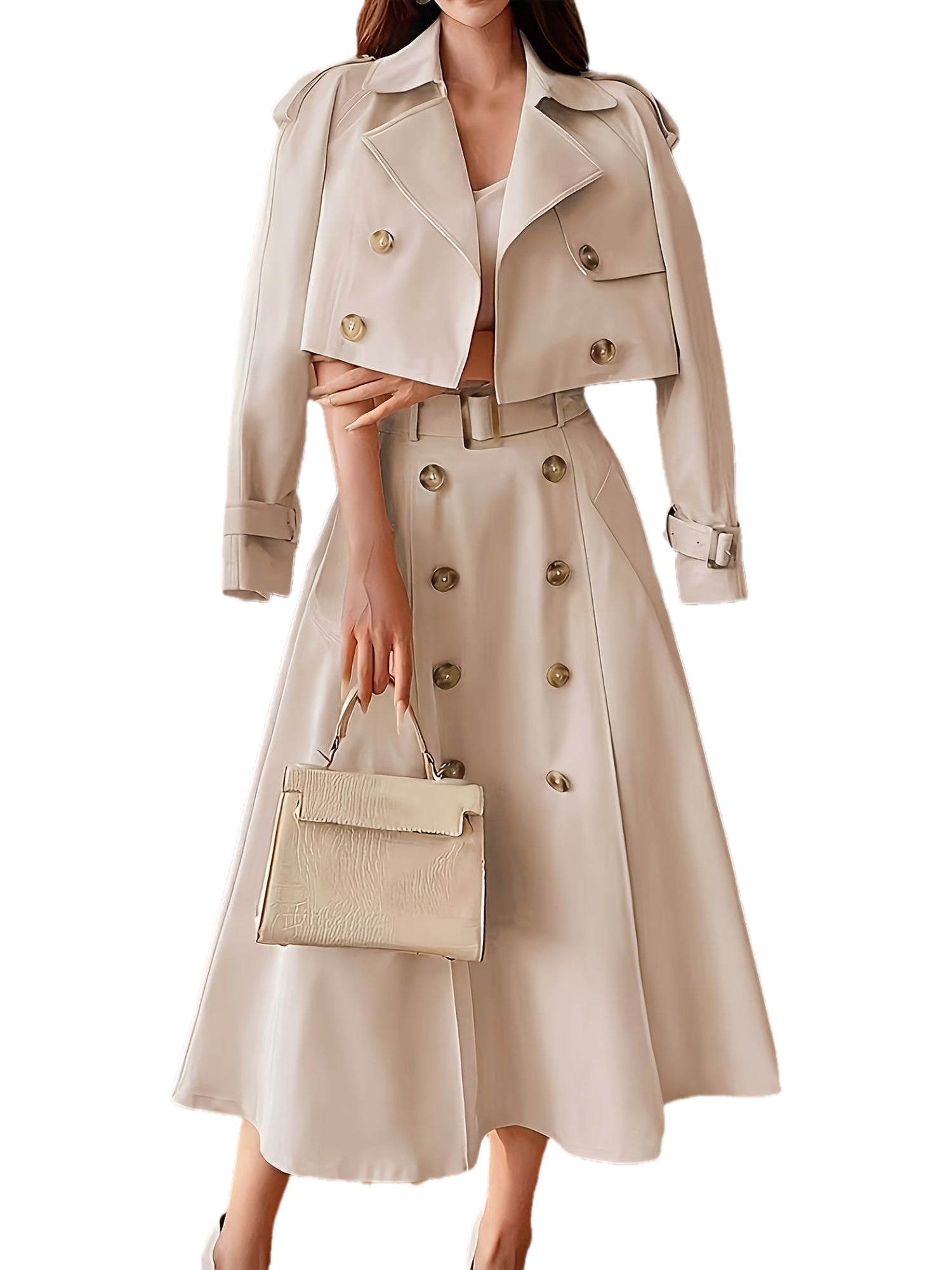 Women'S Chic Beige Double-Breasted Trench Coat & Skirt Set - Long Sleeve, Button-Up, Solid Color