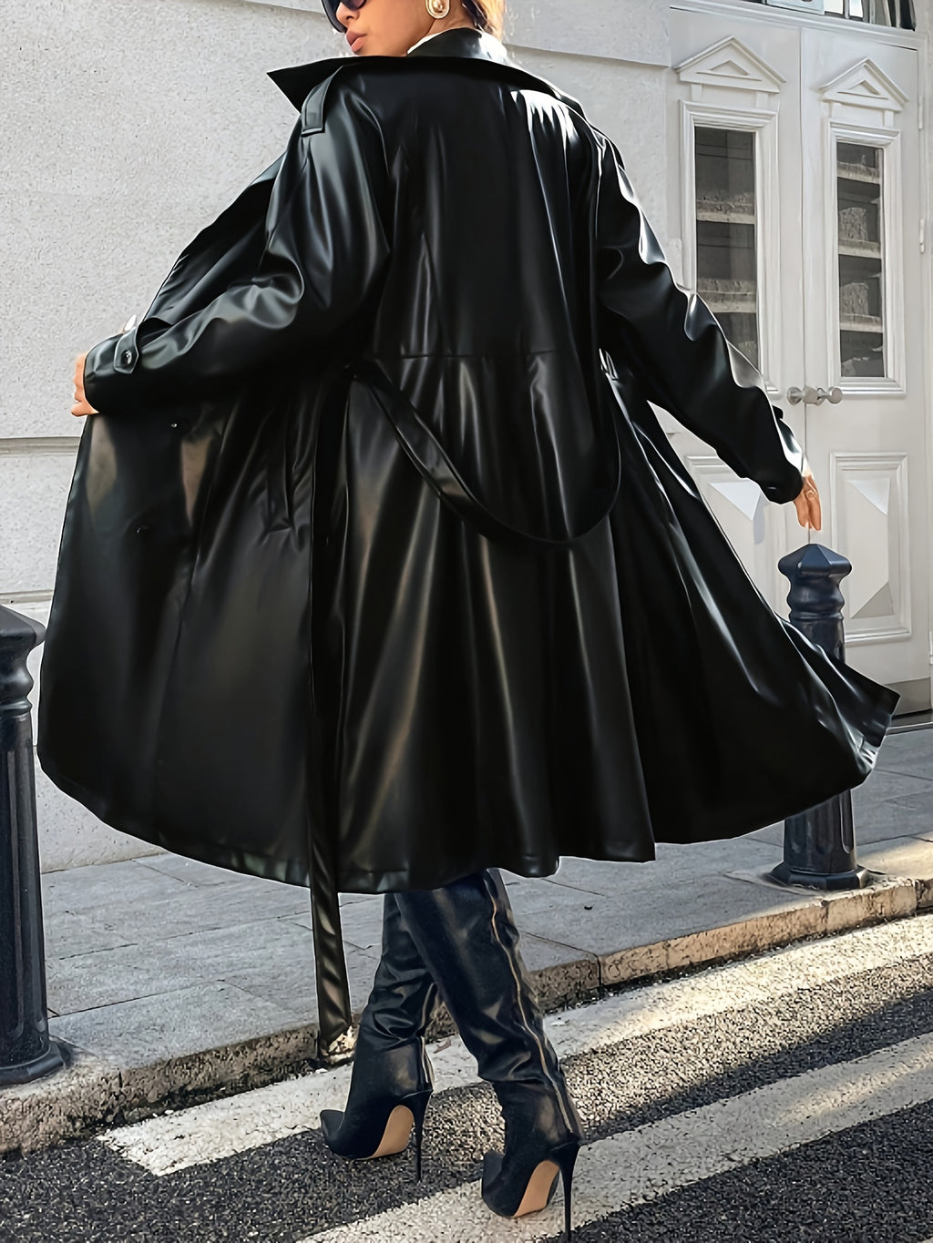 Plus Size - Plus Size Women'S Black Long Trench Coat - Casual Chic Double-Breasted Notch Lapel Winter Coat with Flared Hem