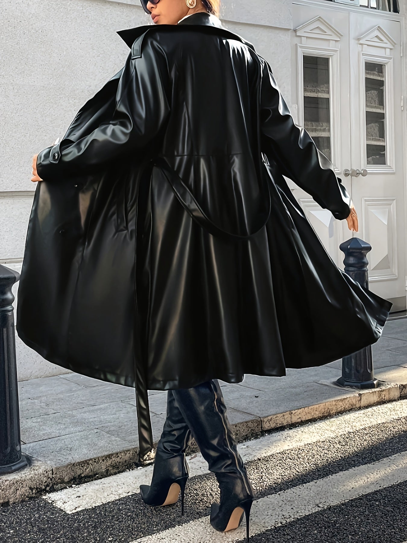 Plus Size - Plus Size Women'S Black Long Trench Coat - Casual Chic Double-Breasted Notch Lapel Winter Coat with Flared Hem