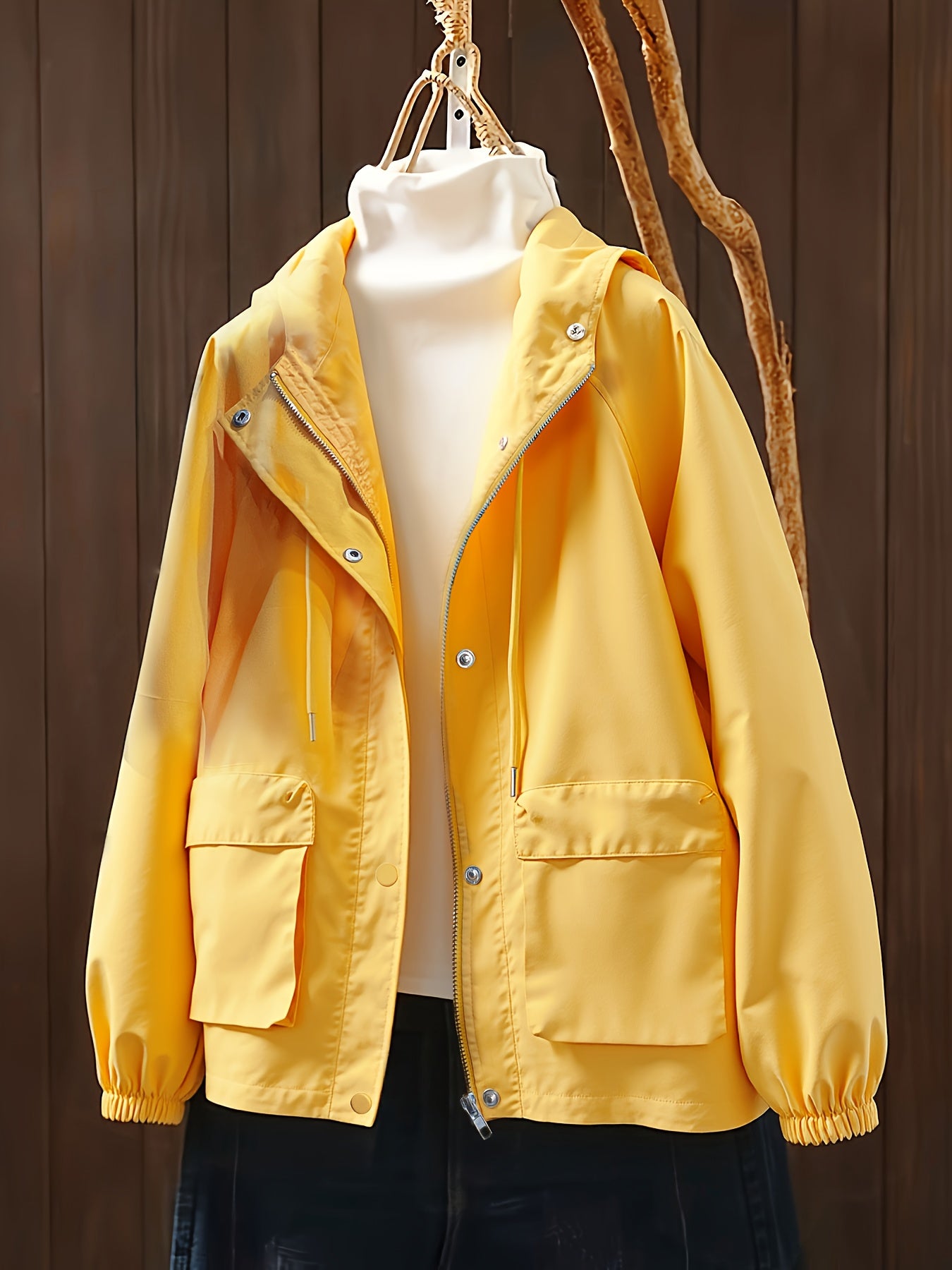 Plus Size - Plus Size - Women'S Hooded Windbreaker Jacket - Bright Yellow, Loose Fit Long Coat with Front Pockets