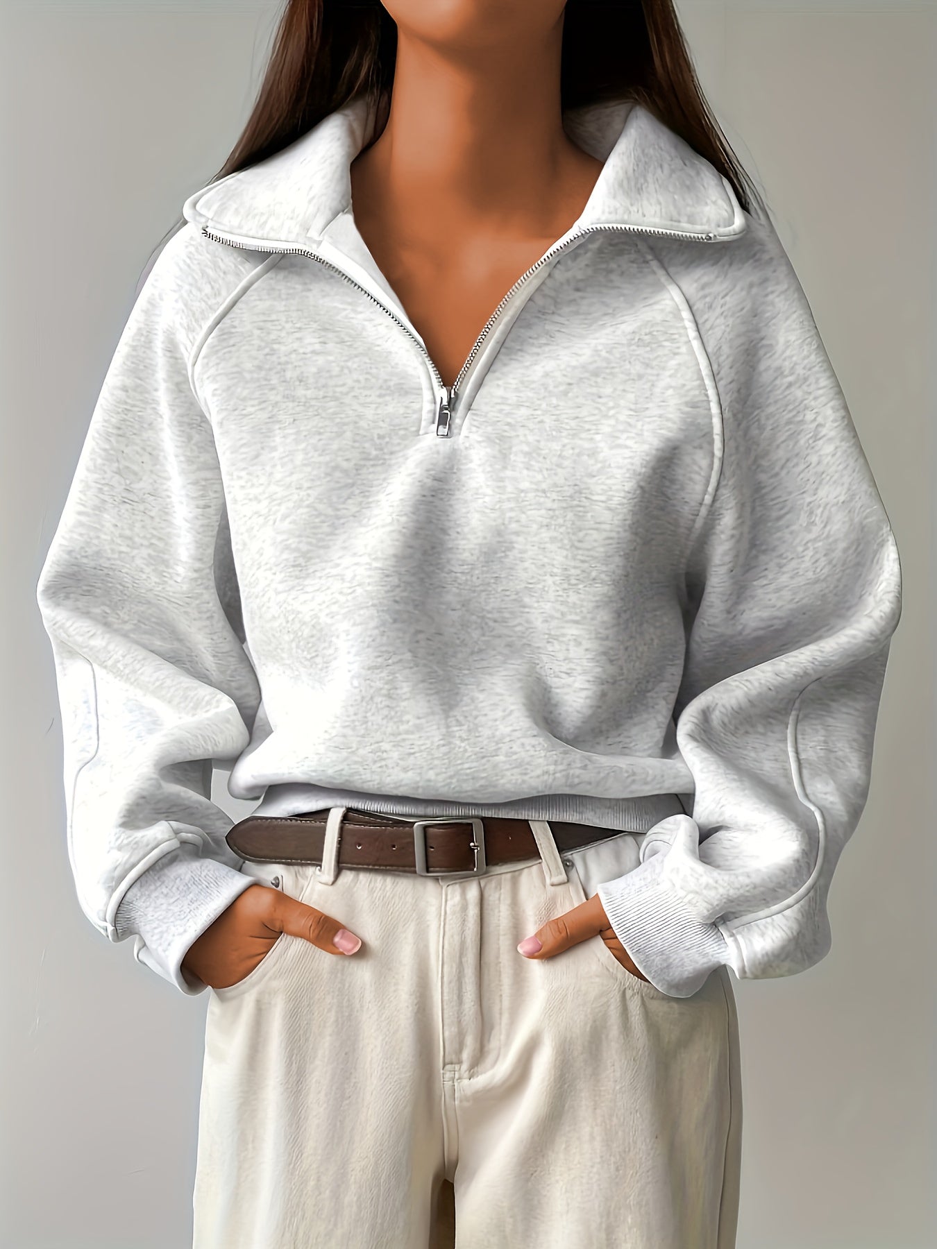 Plus Size - Plus Size - Plus Size - Plus Size Women'S Elegant Half-Zip Pullover Sweatshirt - High Neck