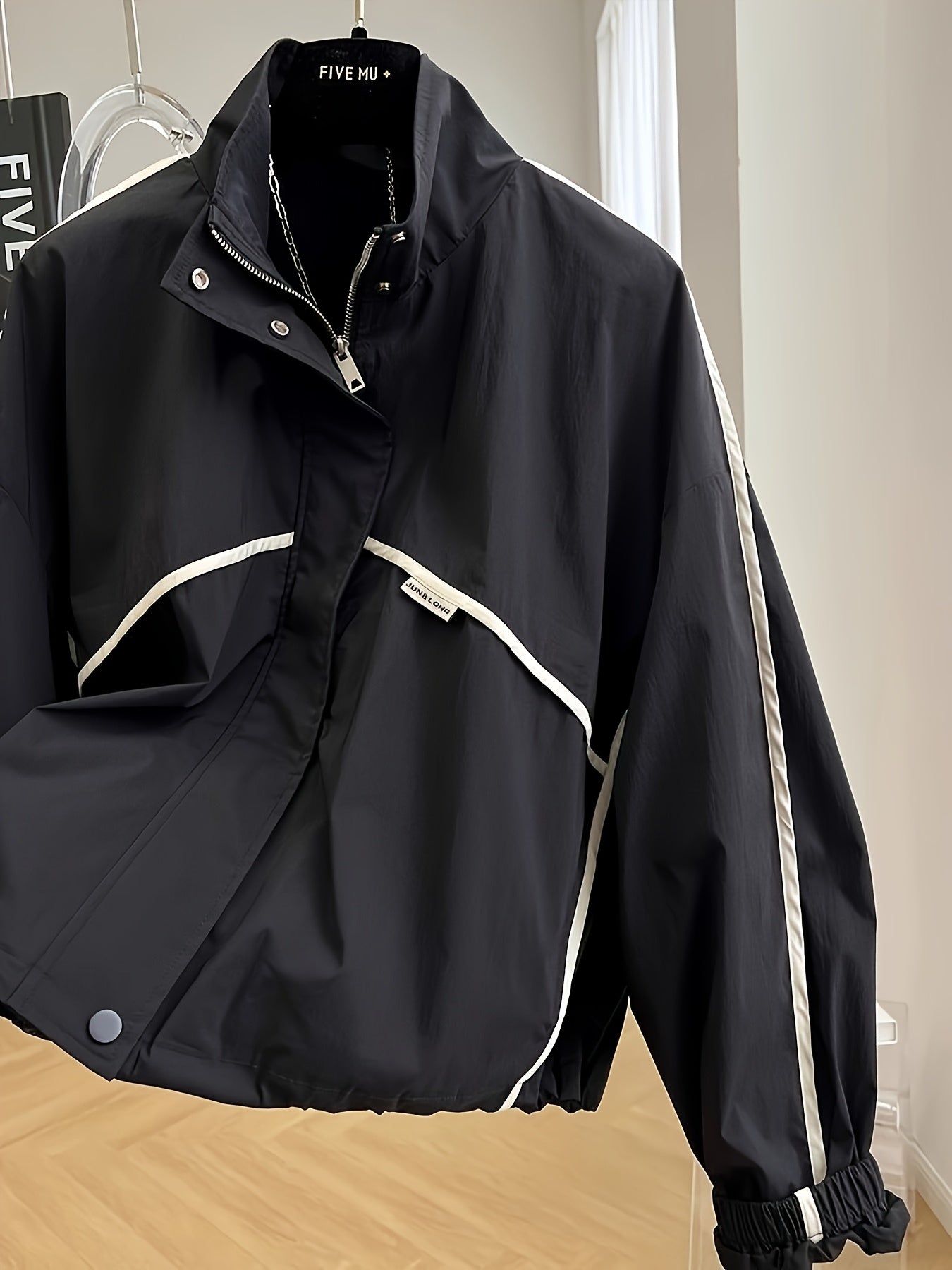 Women'S Navy Blue Bomber Jacket with White Accents - Stand Collar, Casual Style, Thin Windbreaker for Spring & Fall