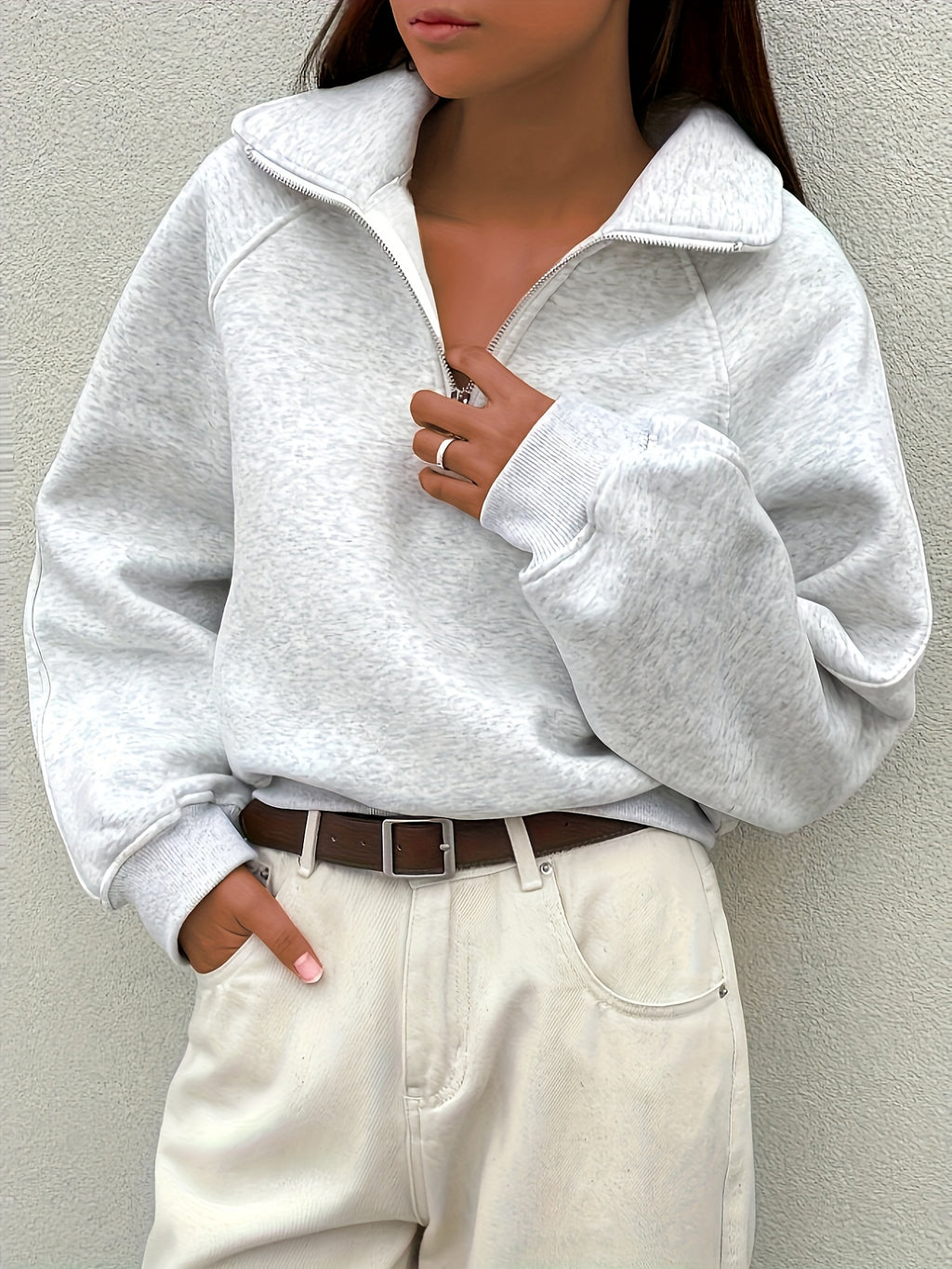 Plus Size - Plus Size - Plus Size - Plus Size Women'S Elegant Half-Zip Pullover Sweatshirt - High Neck