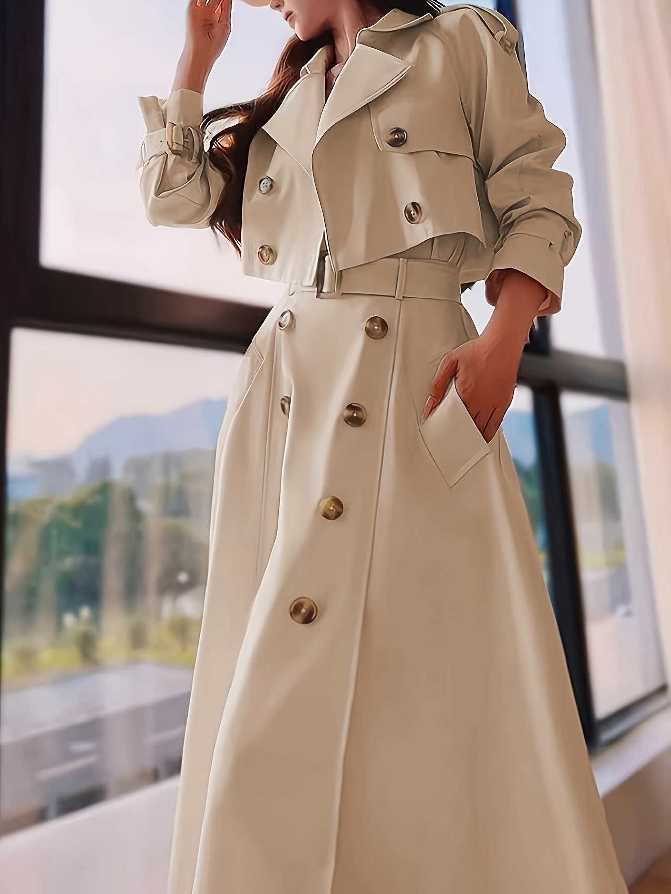 Women'S Chic Beige Double-Breasted Trench Coat & Skirt Set - Long Sleeve, Button-Up, Solid Color