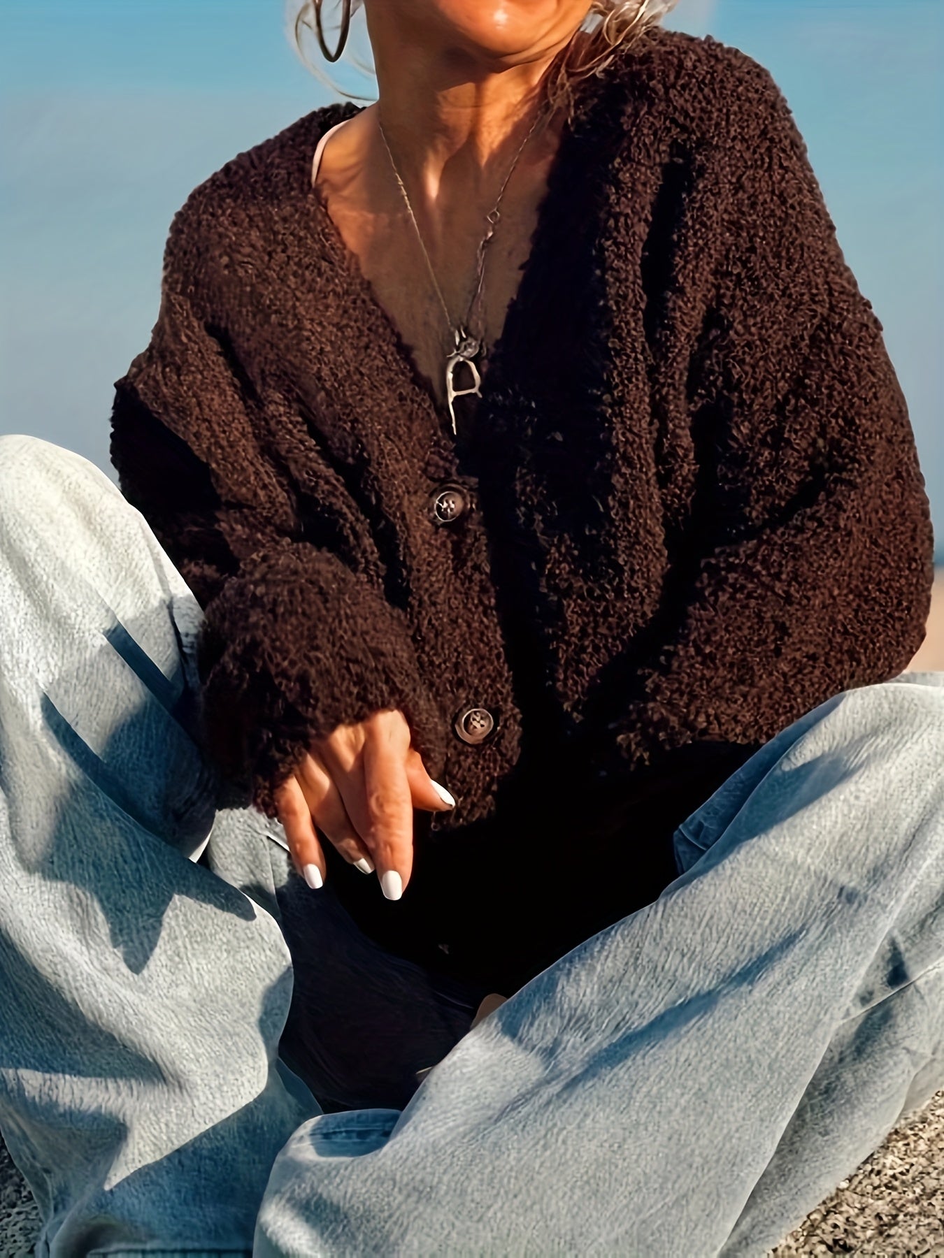 Plus Size - Women'S Plus Size Elegant V-Neck Cardigan - Cozy Fleece-Lined Oversized Sweater with Button Front