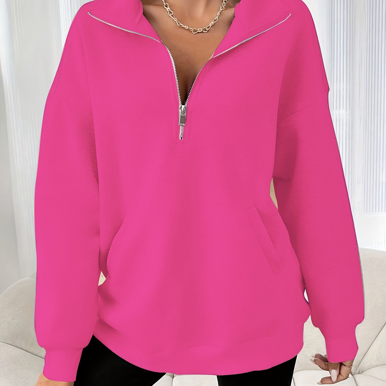 Cozy Zipper Slant Pockets Pullover Sweatshirt - Soft, Casual, Long Sleeve Crew Neck Design for Fall & Winter