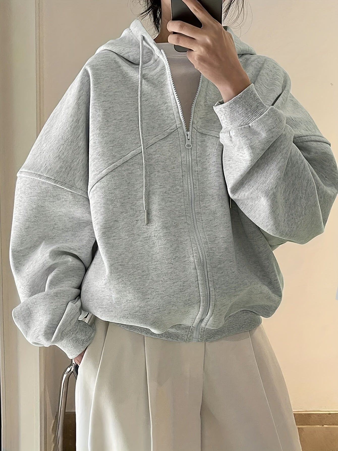 Plus Size, Cross-Border New Solid Color Zipper Hooded Drawstring Plus Size Sweatshirt, Winter Clothing