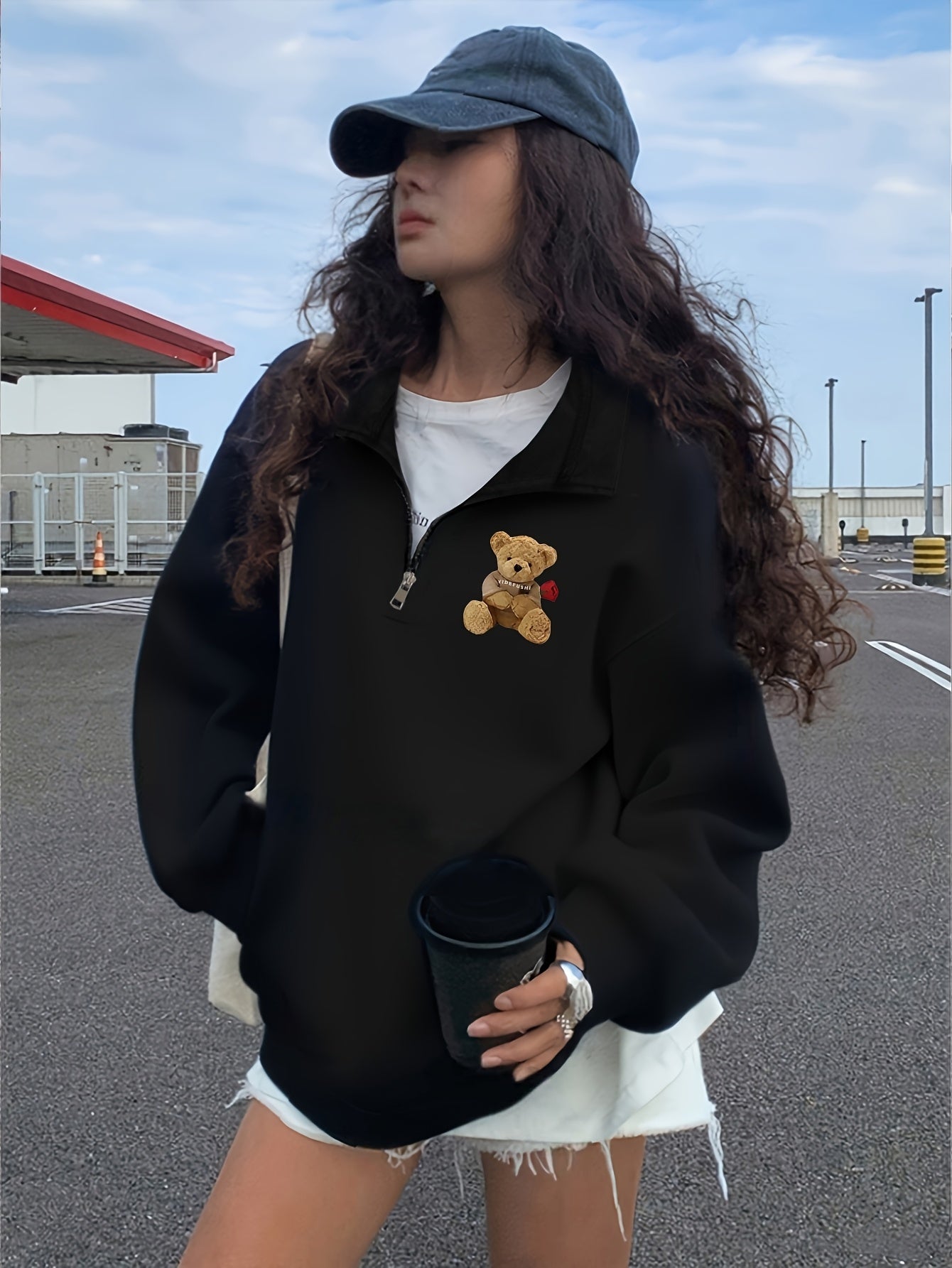 Women's Cute Teddy Bear & Heart Collar Sweatshirt - Cozy Collar Pullover Sweater, Black Casual Winter Sweater Jacket