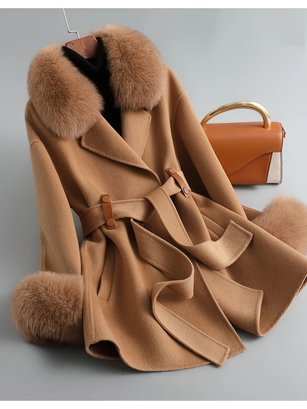 Women'S Elegant Winter Coat Jacket - \u002F Brown - Long Sleeve Trench Coat with Beltless Closure