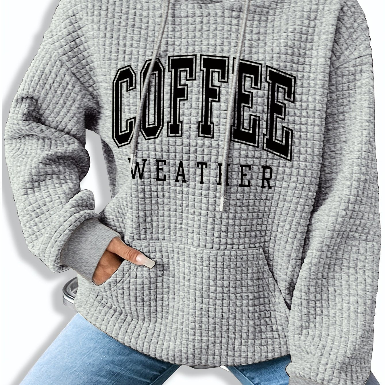 Women's Coffee Weather Letter Print Waffle Hoodie - 95% Polyester 5% Spandex, Kangaroo Pocket, Ribbed Cuffs