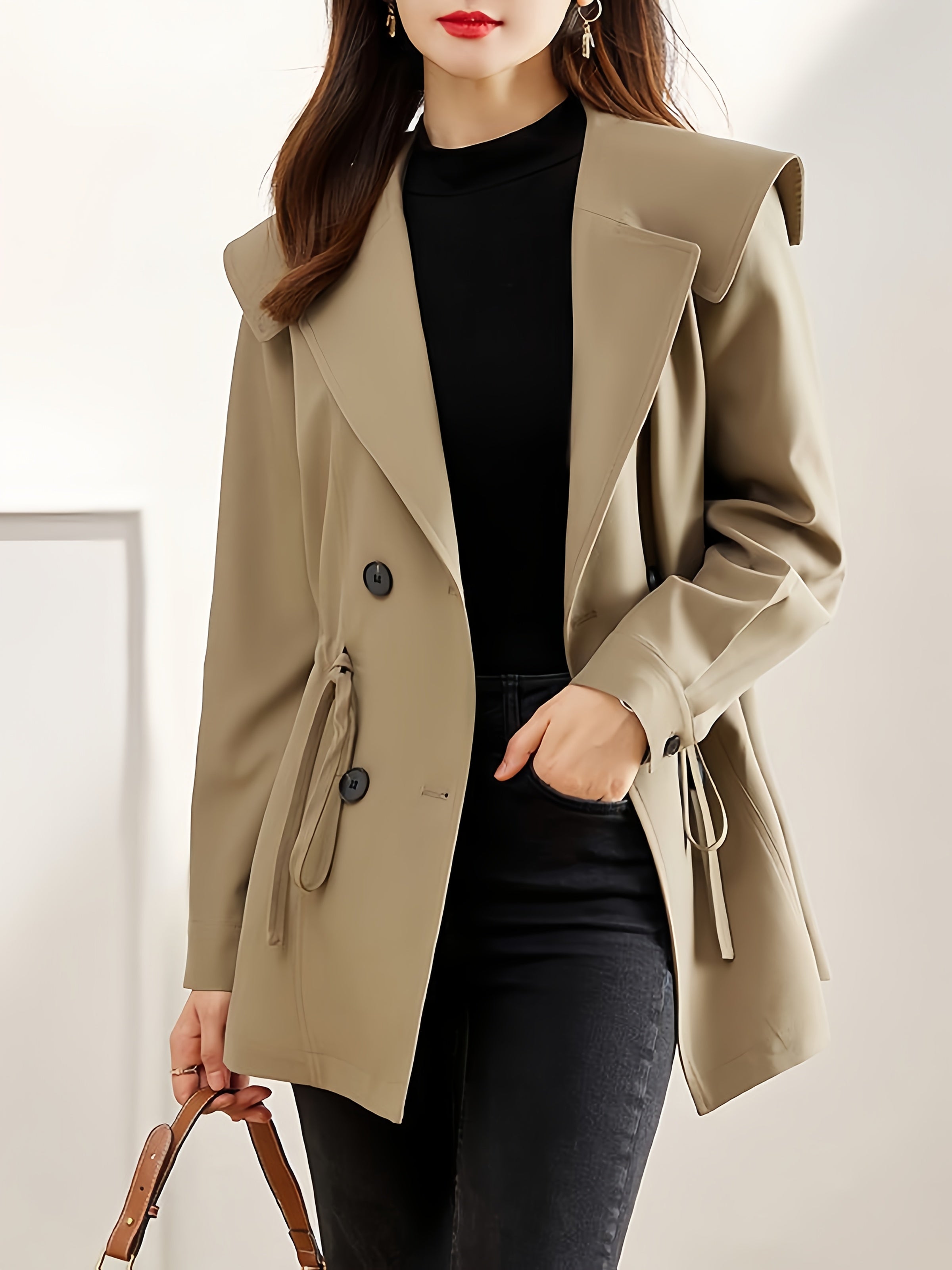 Women'S Chic Trench Coat with Belted Waist - Casual Double-Breasted Blazer for Spring & Fall, Button-Up Front