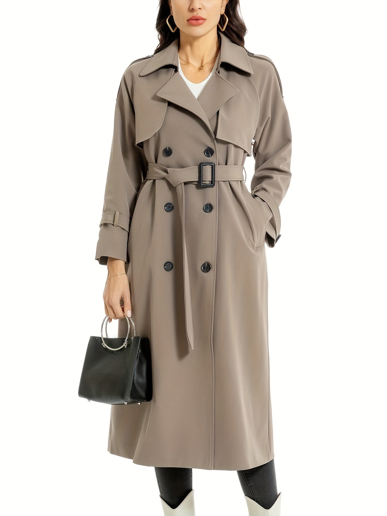 Elegant Trench Coat Elegant Double-Breasted Trench Coat | Women's Mid-Length Belted - Black