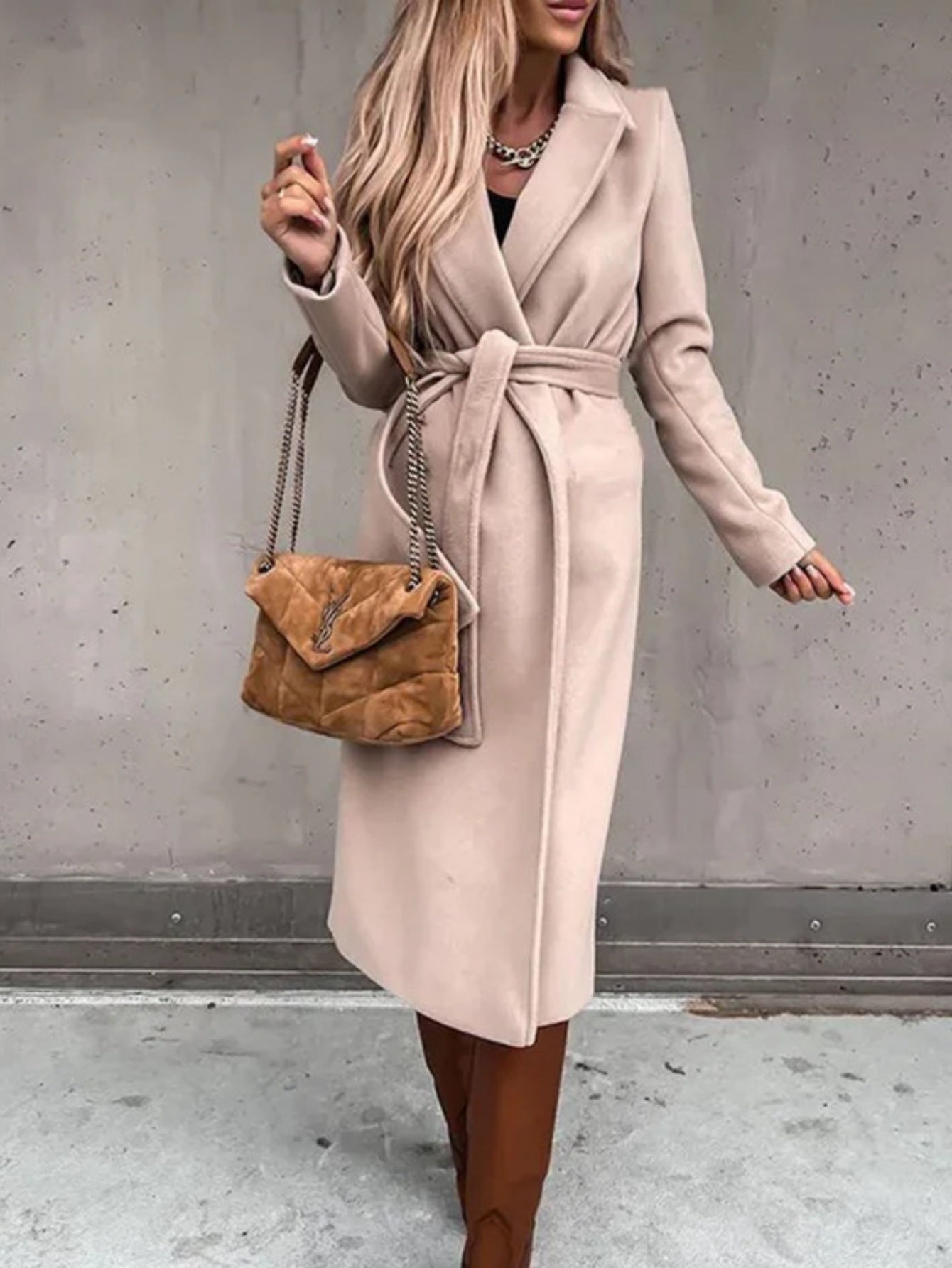 Plus Size, Women's Elegant Beige Trench-like coat - V-Neck Long Jacket with Adjustable waist belt