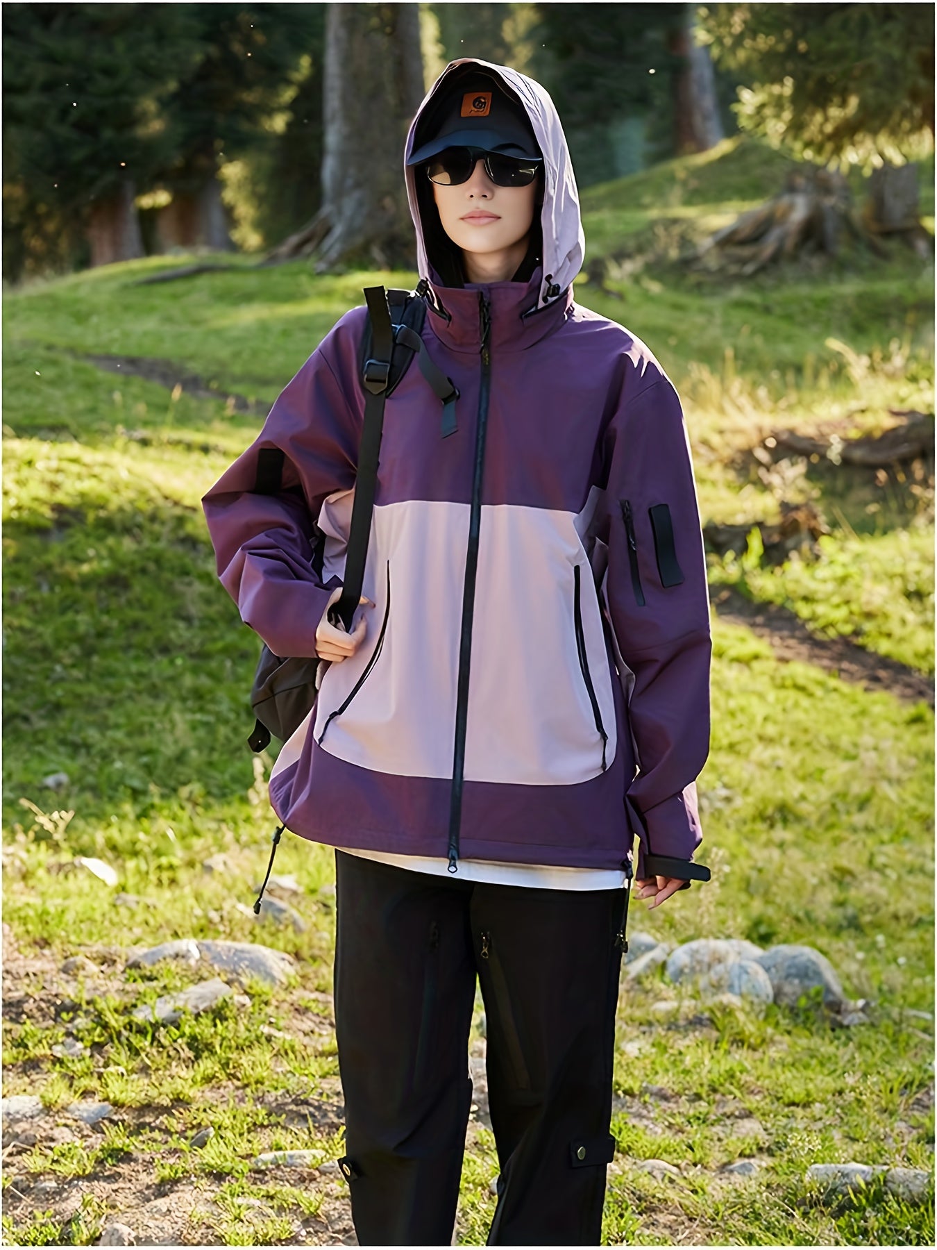 Women's Windproof Jacket - Hooded Zipper Closure Winter Coat, Purple & Black colorblock