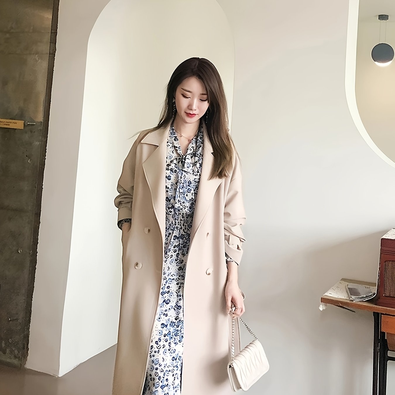 Women's Elegant Mid-Length Trench Coat - Lightweight Beige Windbreaker for Petite Women, Friendly