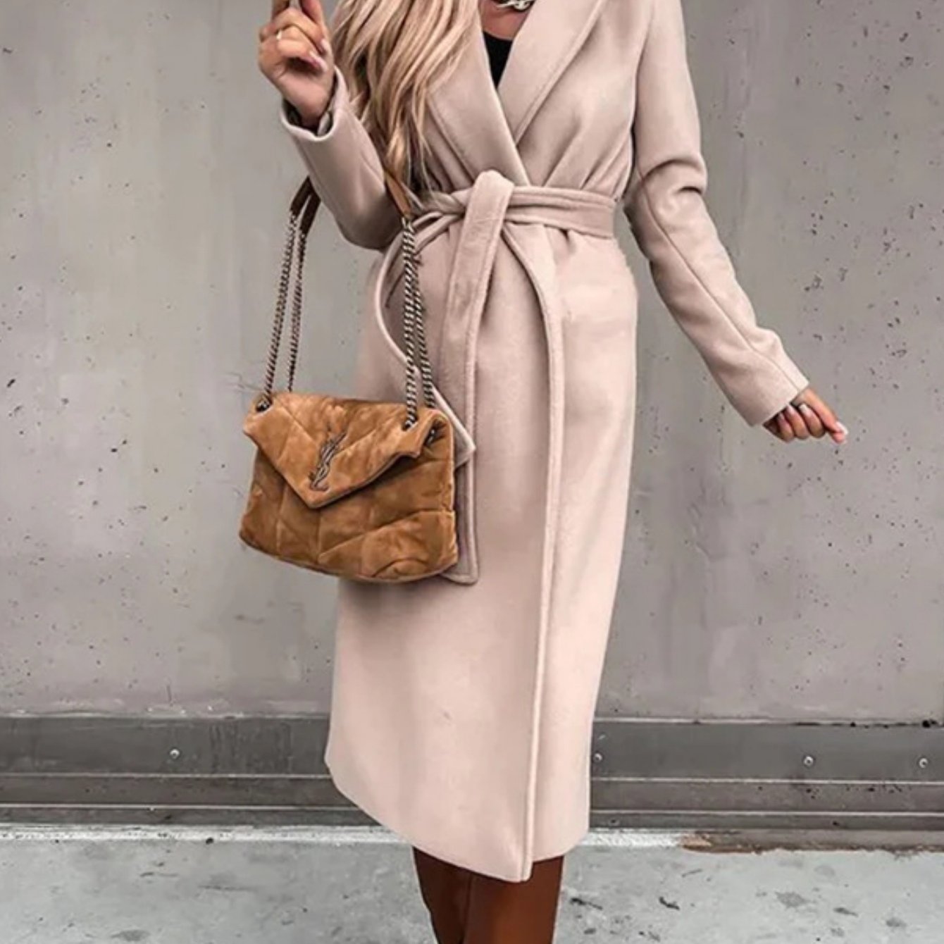 Plus Size, Women's Elegant Beige Trench-like coat - V-Neck Long Jacket with Adjustable waist belt