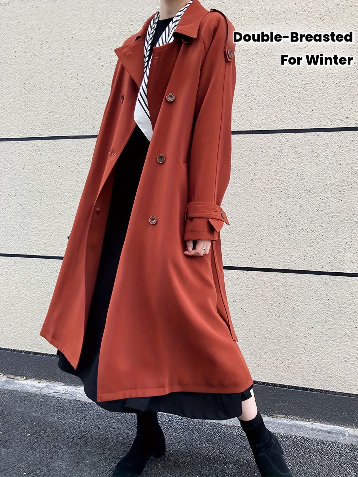 Elegant Orange Red Double-Breasted Trench Coat for Women - Loose Fit, Long Style, Polyester