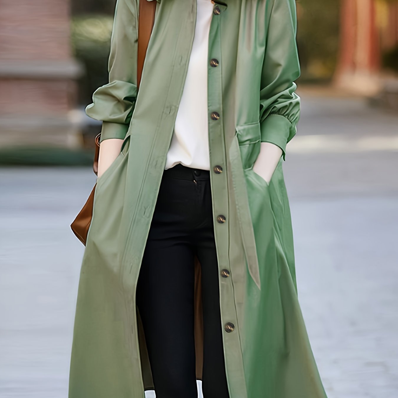 Plus Size - Plus Size - Women'S Lightweight Long Sleeve Trench Coat - Olive Green, Button-Up Front