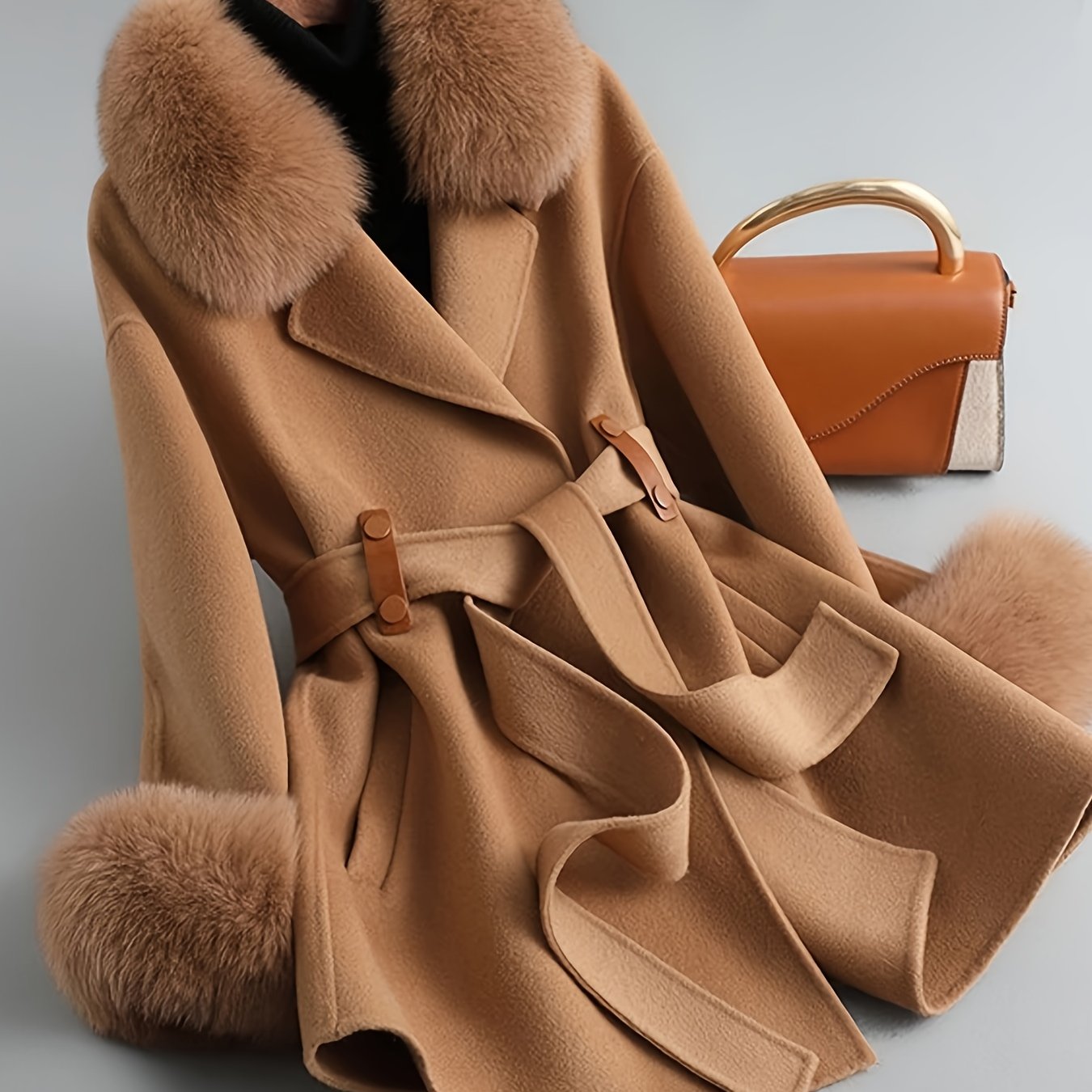 Women'S Elegant Winter Coat Jacket - \u002F Brown - Long Sleeve Trench Coat with Beltless Closure