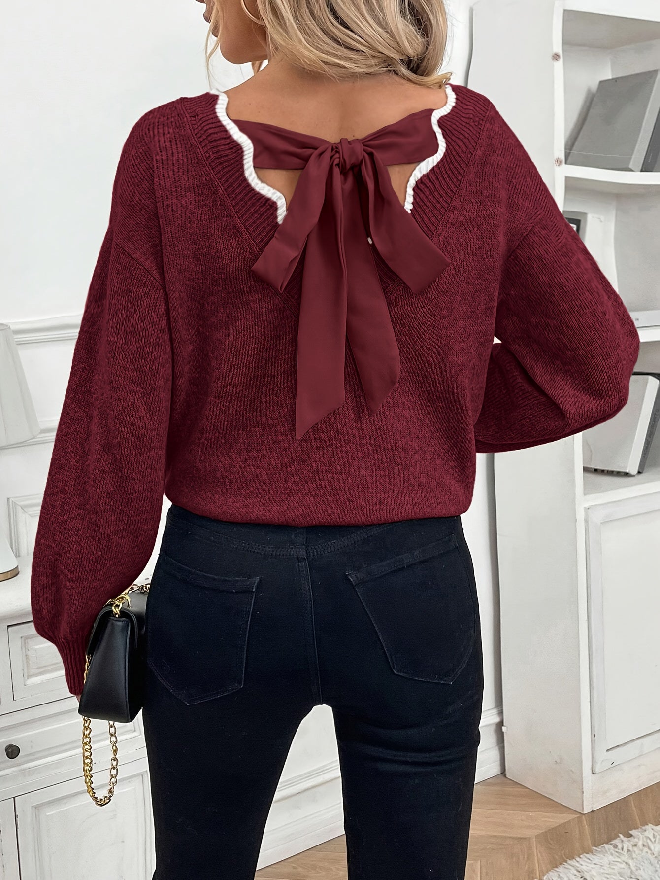 Women'S Elegant French-Inspired V-Neck Sweater with Back Bow - Long Sleeve, Loose Fit, Solid Color